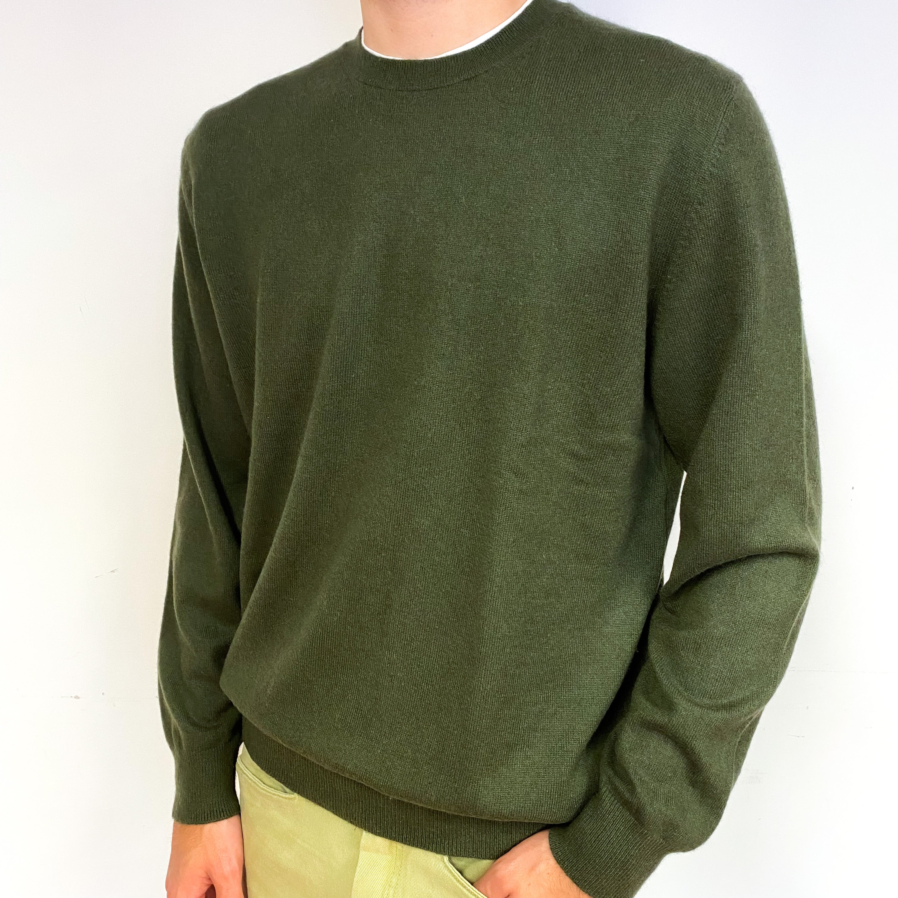 Men's Khaki Green Cashmere Crew Neck Jumper Large