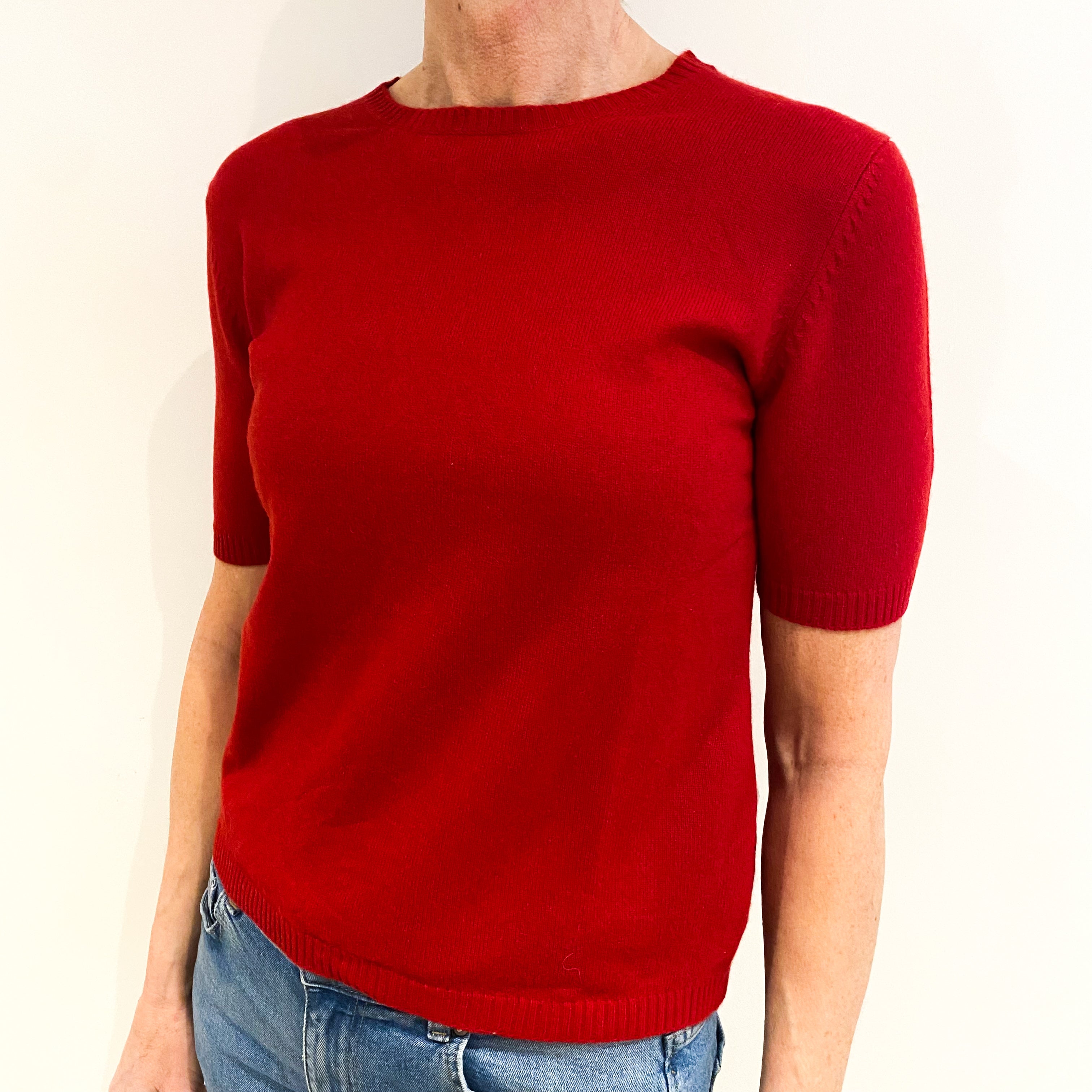 Scarlet Red Cashmere Crew Neck Short Sleeved Jumper Small