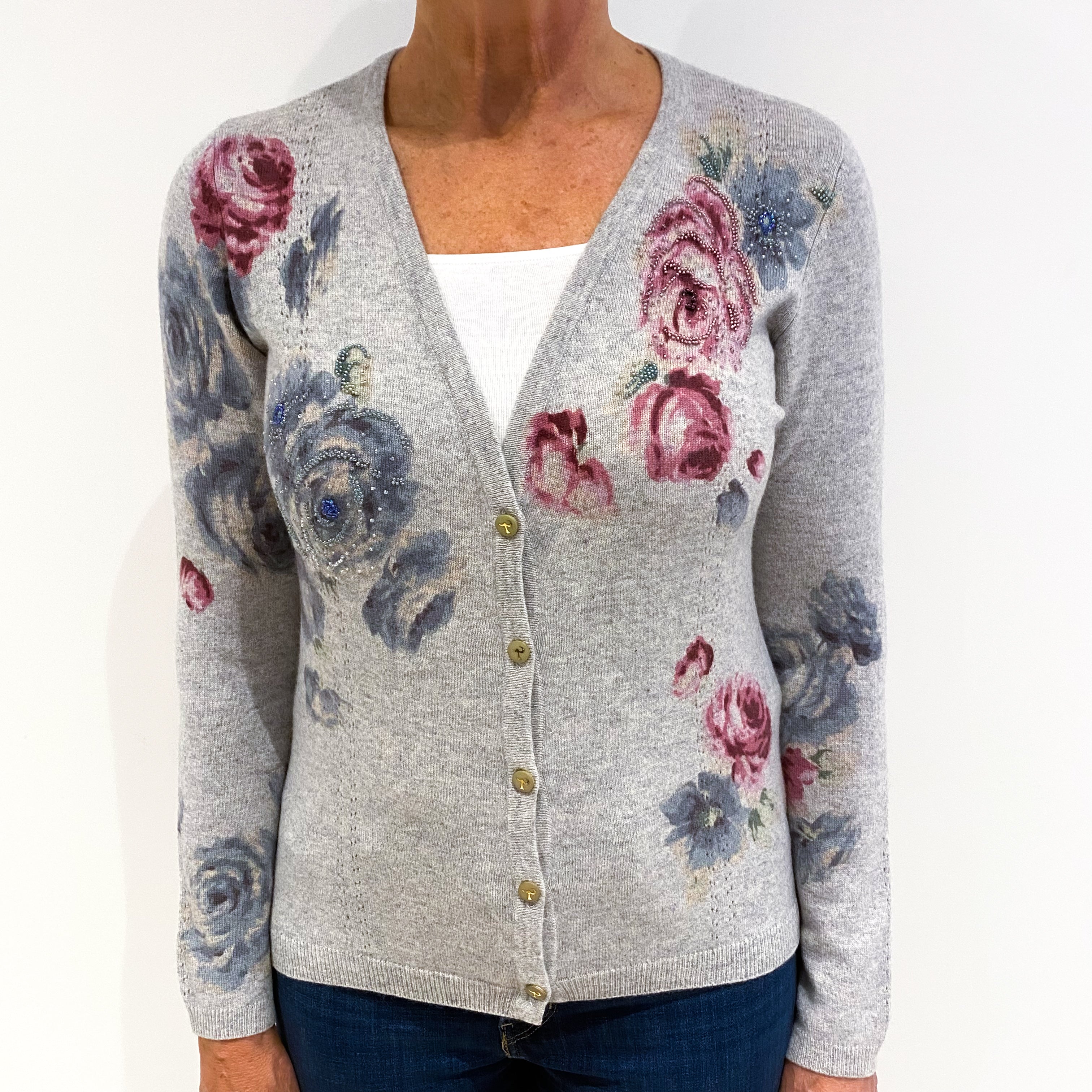 Ash Grey Cashmere V Neck Cardigan Medium
