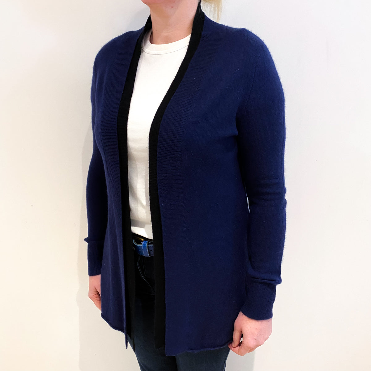 French Navy With Black Trim Cashmere Edge to Edge Cardigan Large
