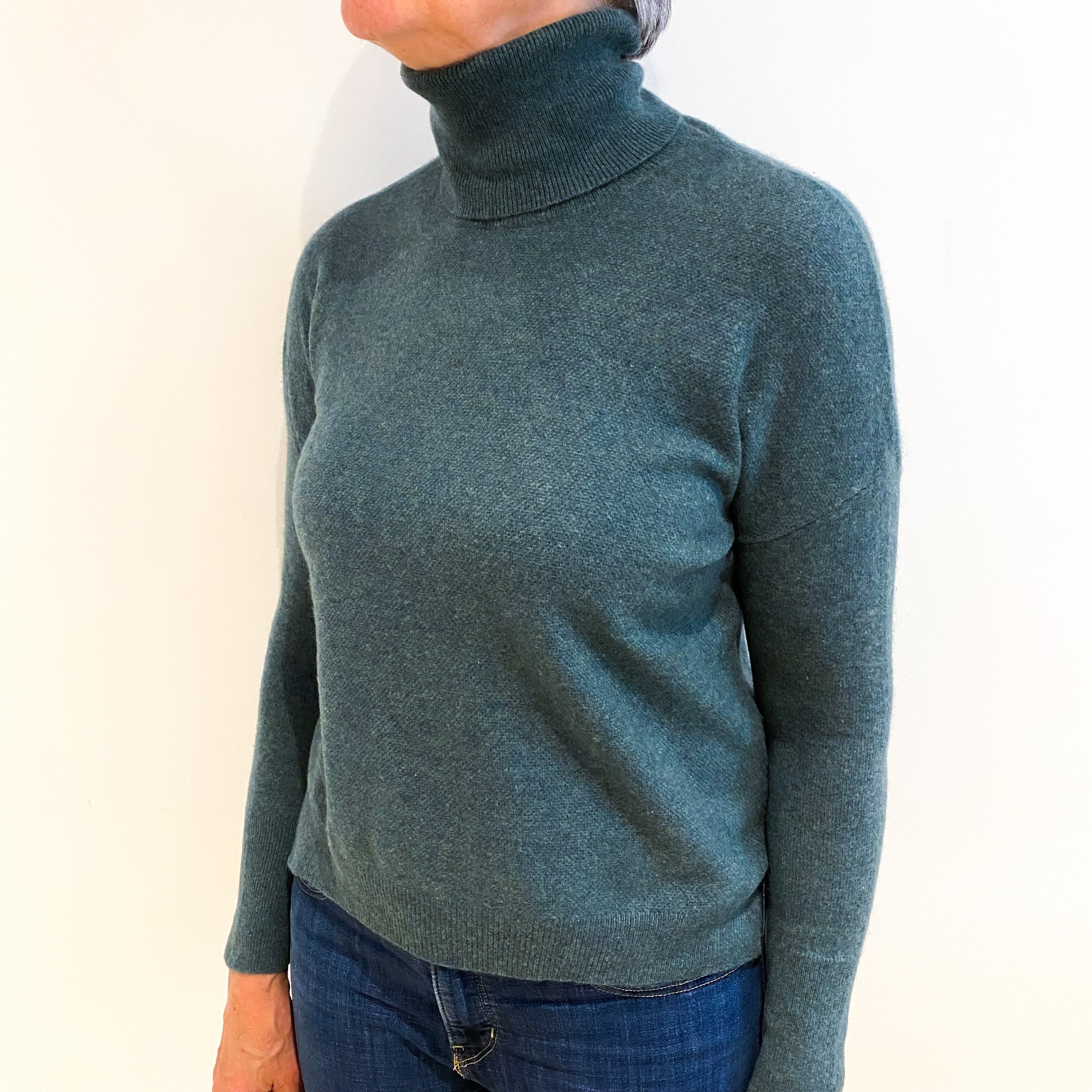 Spruce Green Cashmere Polo Neck Jumper Medium