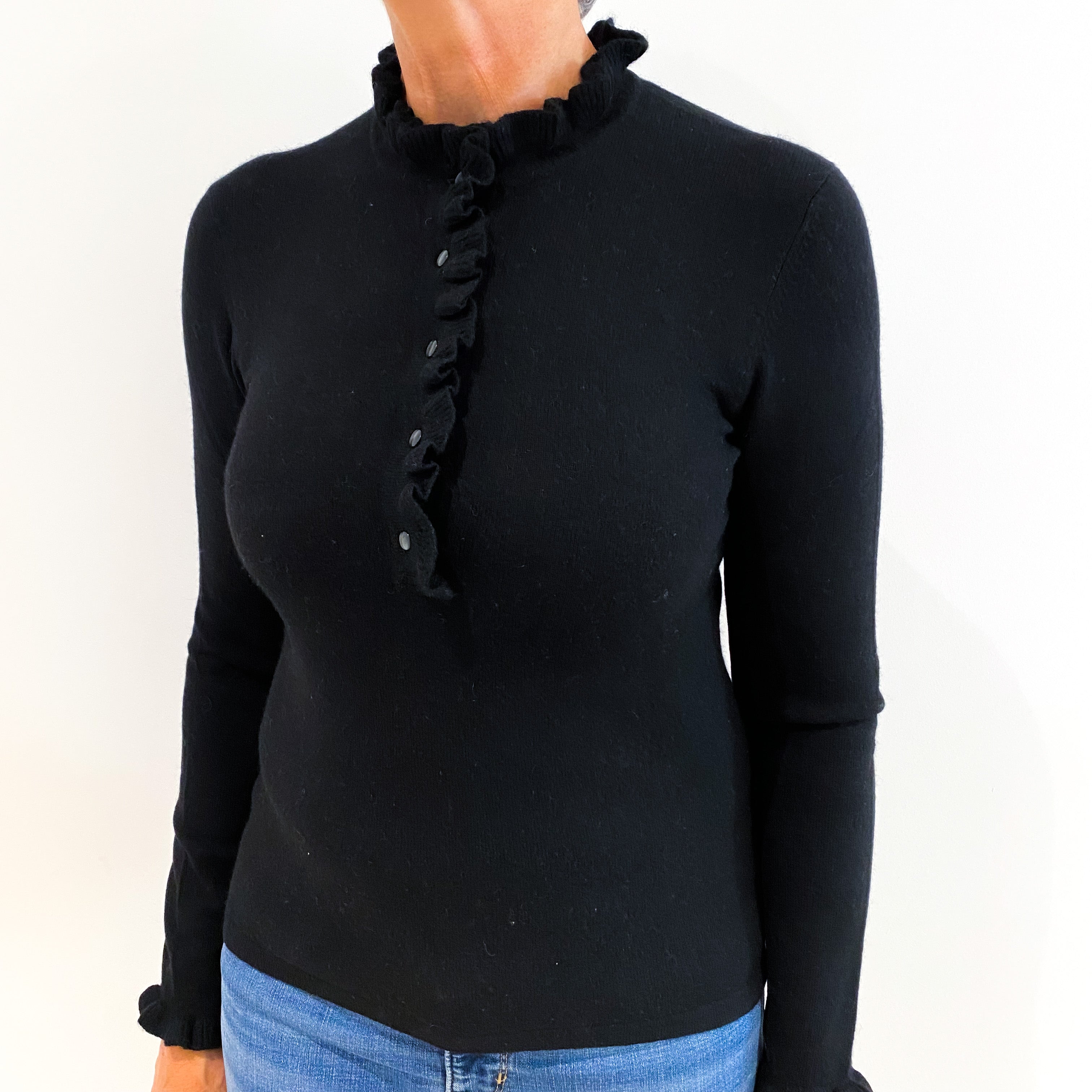 Black 1/4 Button Ruffle Cuffs Cashmere Crew Neck Jumper Medium