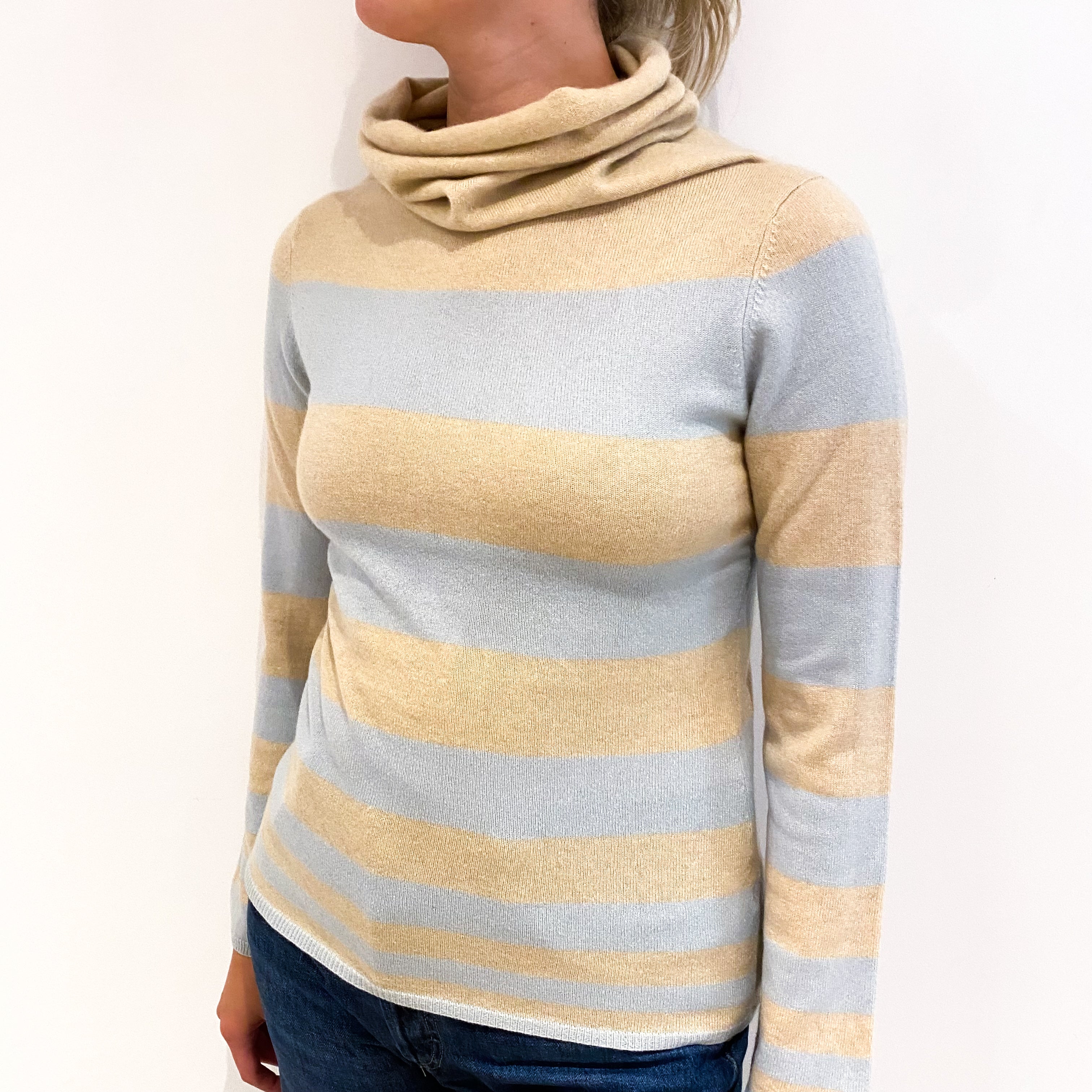 Soft Beige Aqua Stripe Cashmere Cowl Neck Jumper Small