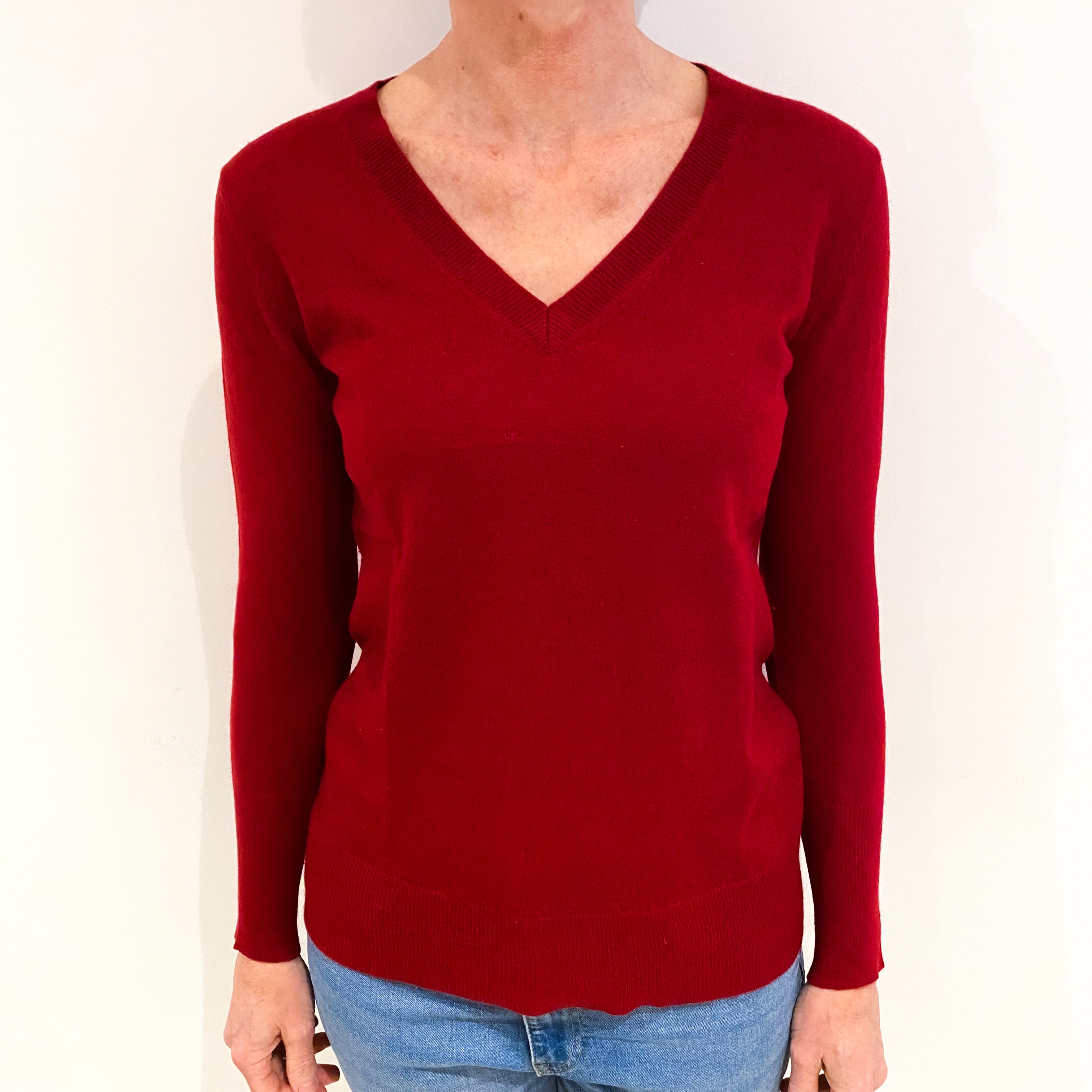 Post Box Red Cashmere V Neck Jumper Small