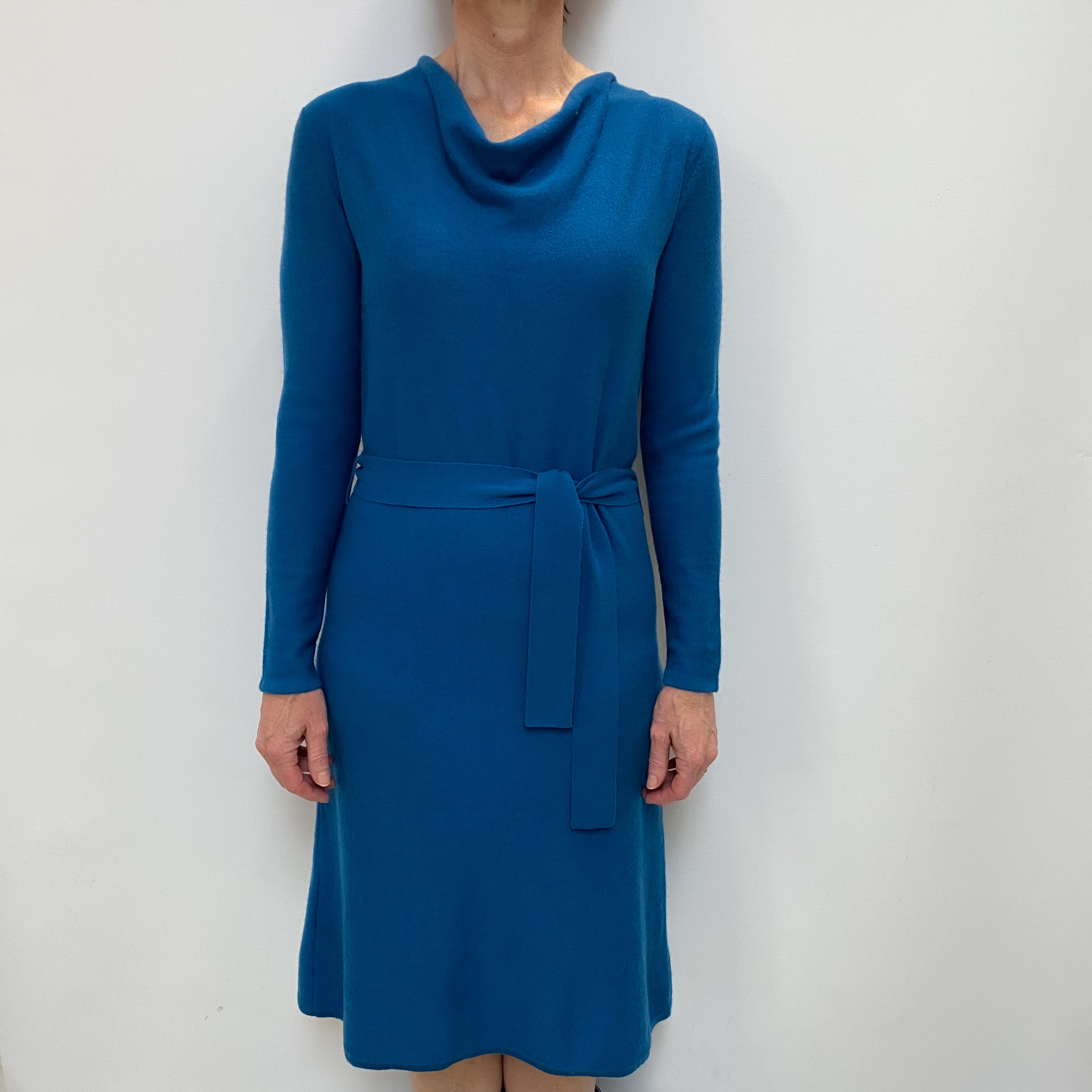 Teal Blue Cashmere Slouchy Slash Neck Dress Small