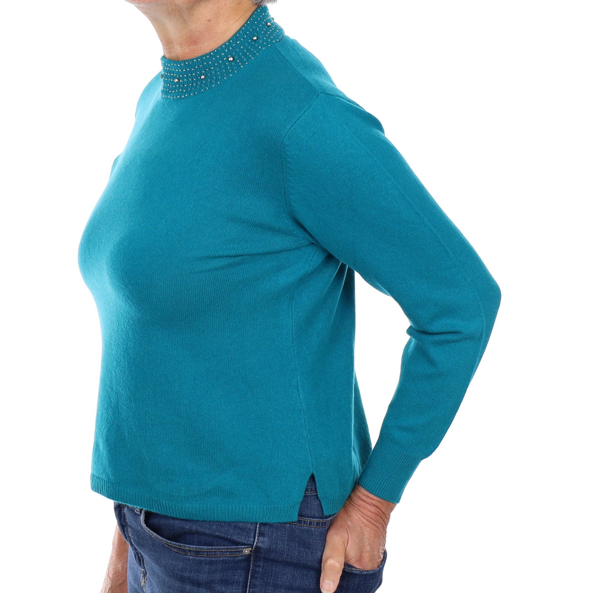Deep Turquoise Cashmere Diamanté Turtle Neck Jumper Medium