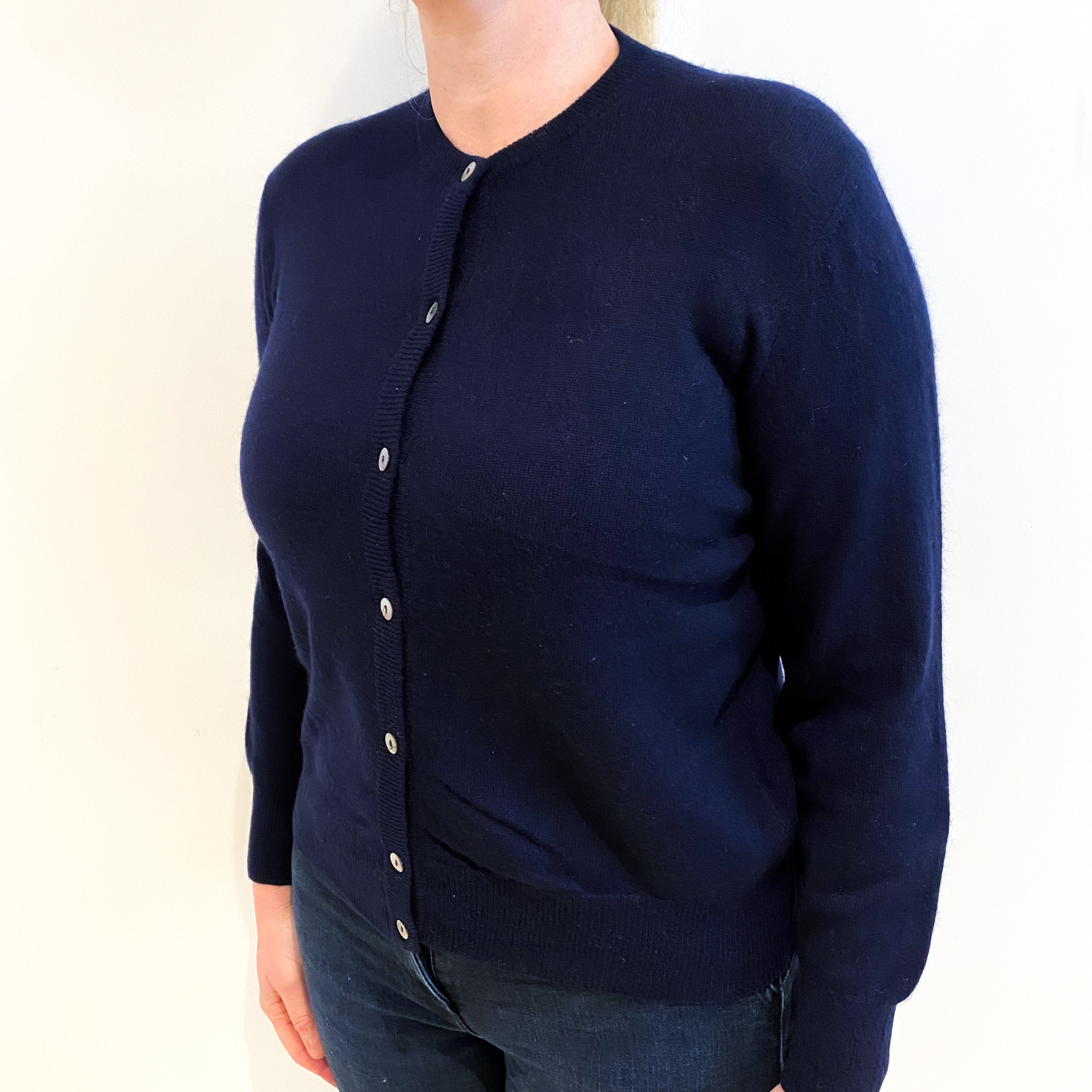 Navy Blue Cashmere Crew Neck Cardigan Large