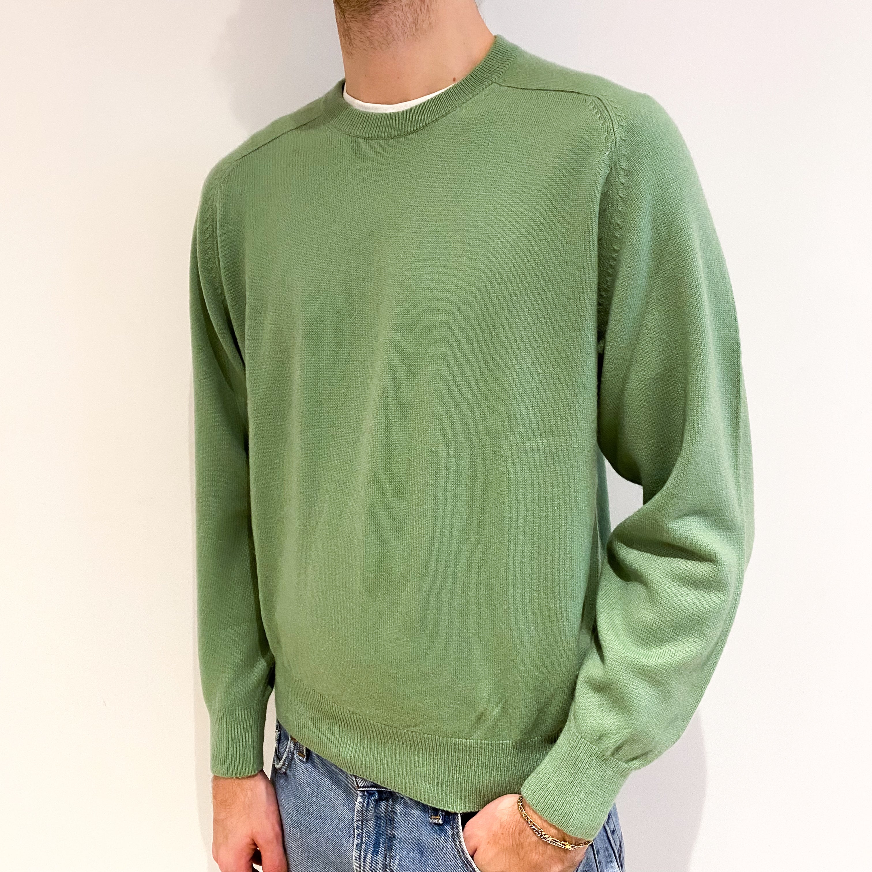 Men's Pear Green Cashmere Crew Neck Jumper Medium