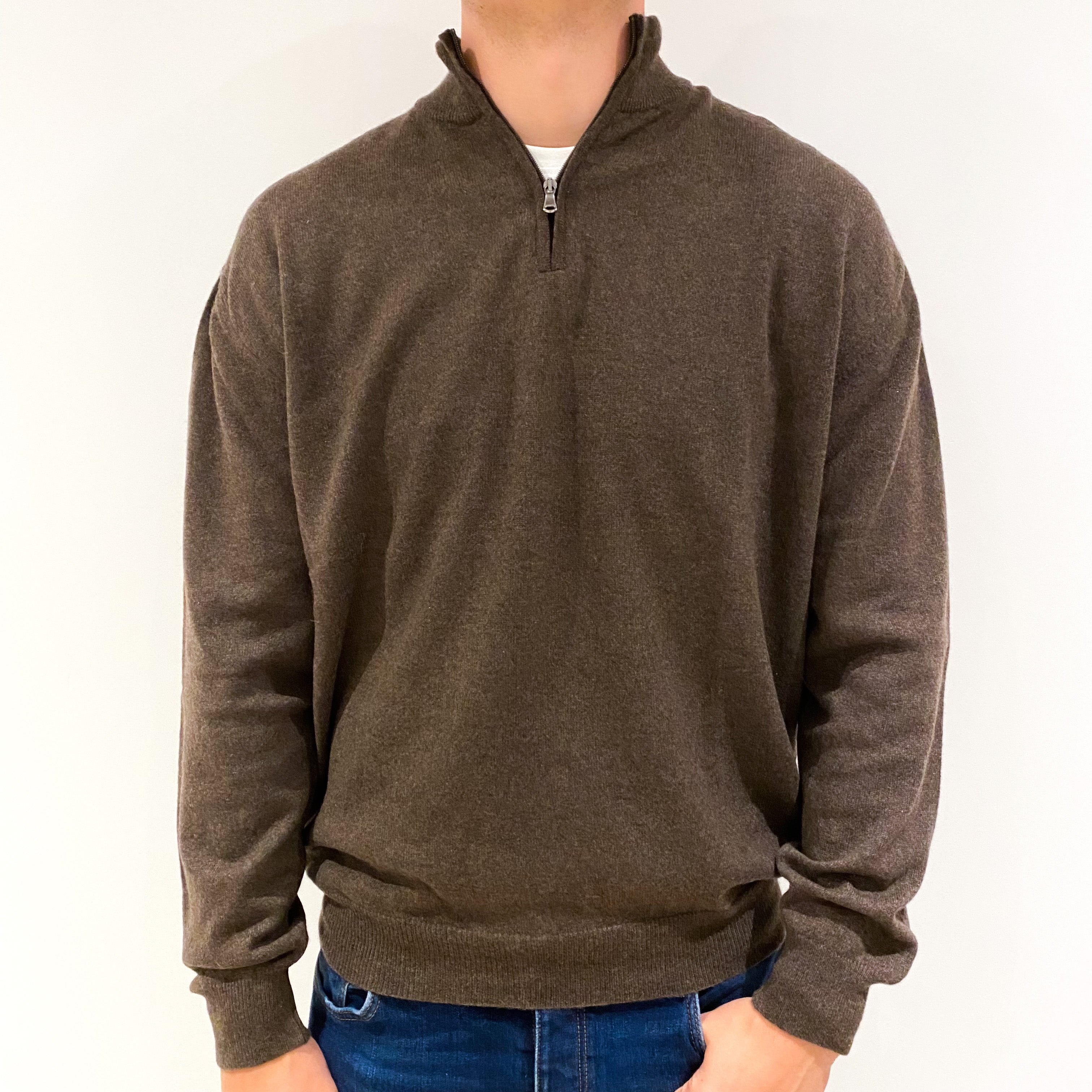 Men's Mole Brown Cashmere 1/4 Zip Jumper Extra Extra Large