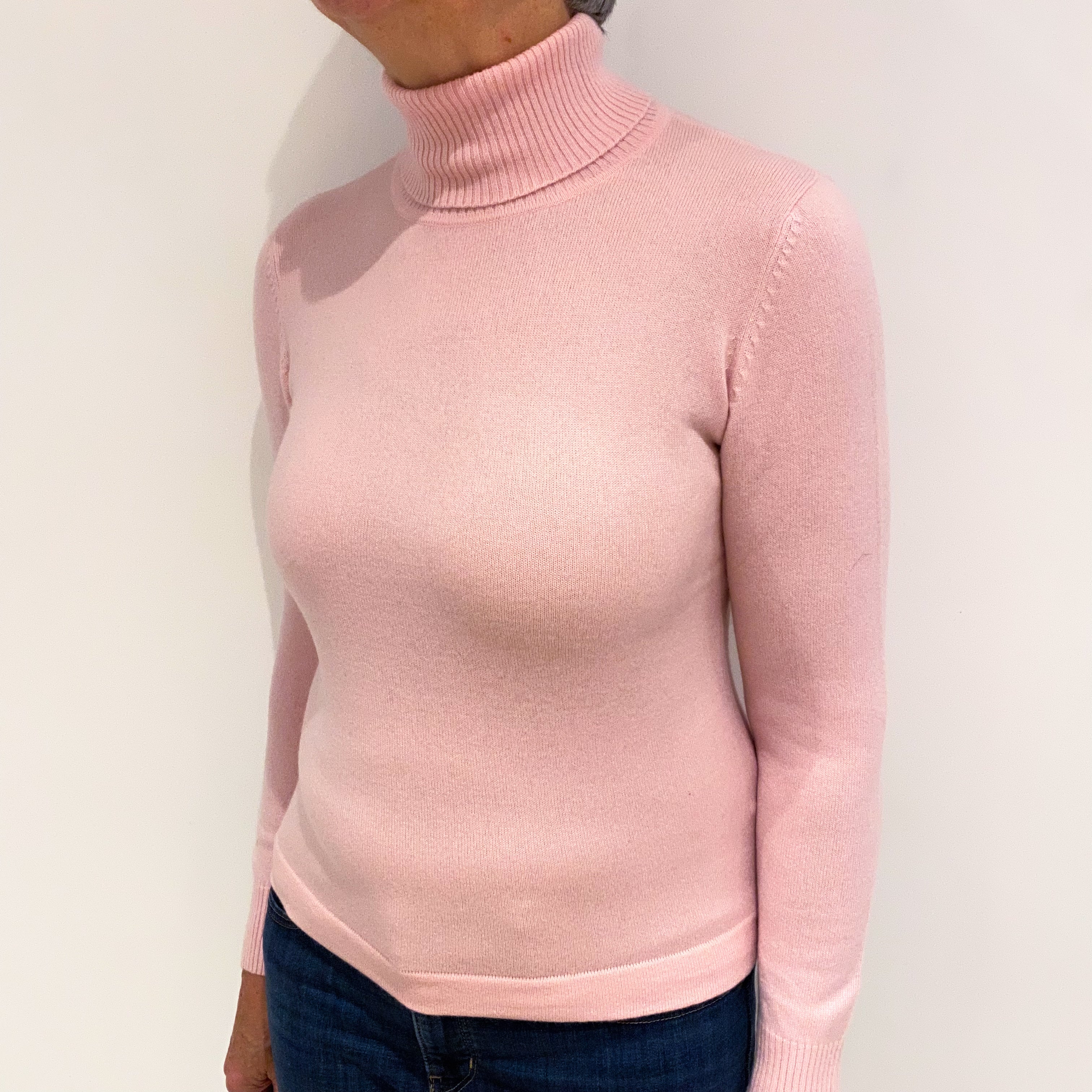 Carnation Pink Cashmere Polo Neck Jumper Medium