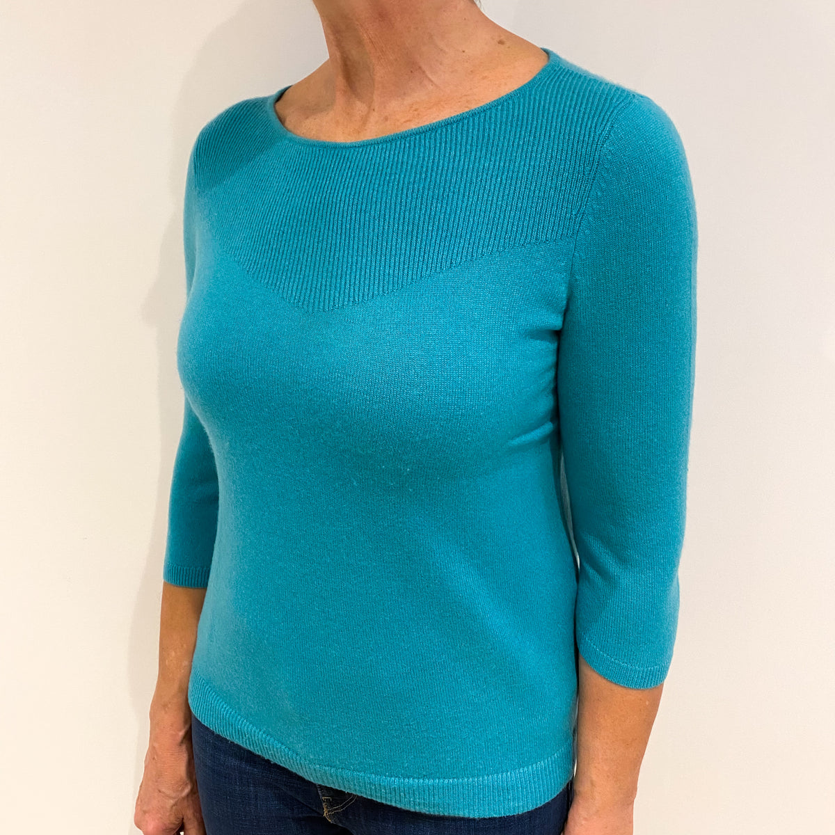 Turquoise 3/4 Sleeve Cashmere Crew Neck Jumper Medium Petite
