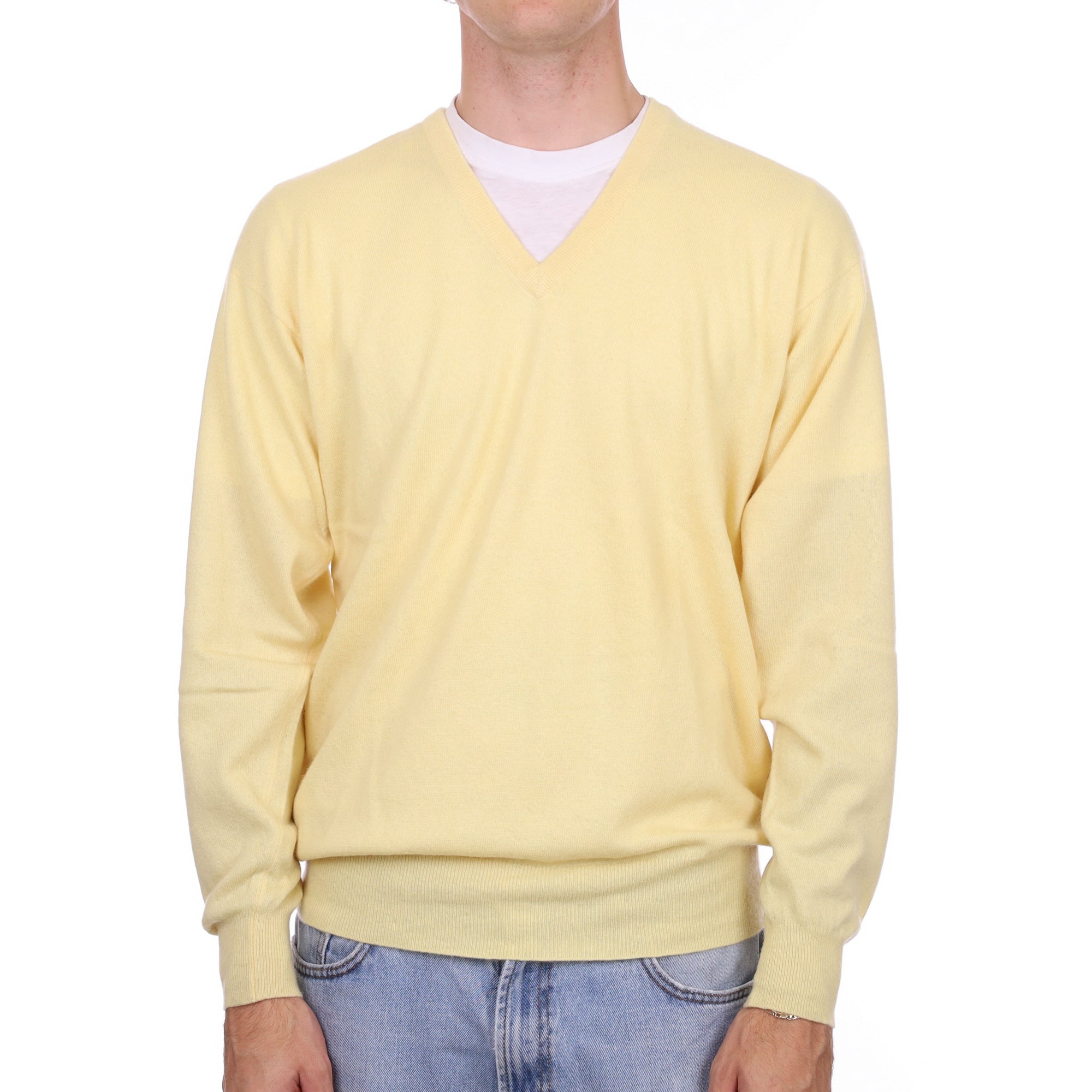 Men's Scottish Daffodil Yellow Cashmere V Neck Jumper Large