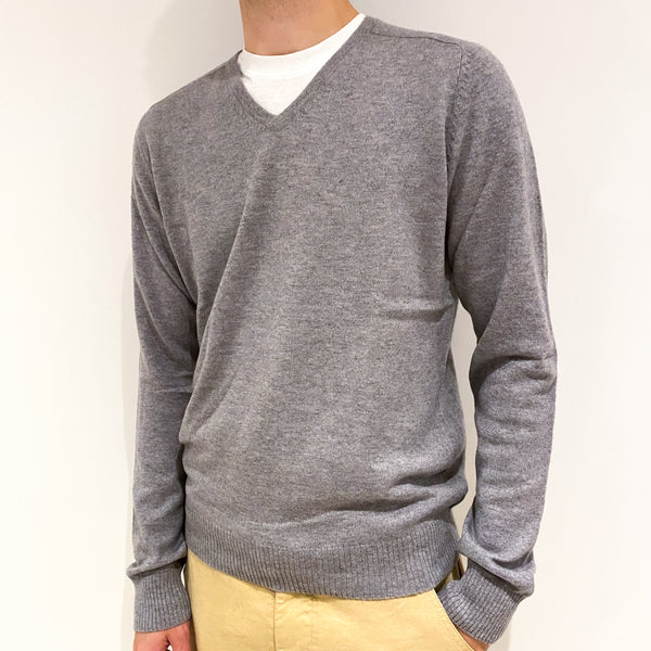 Men's Smoke Grey Cashmere V-Neck Jumper Large