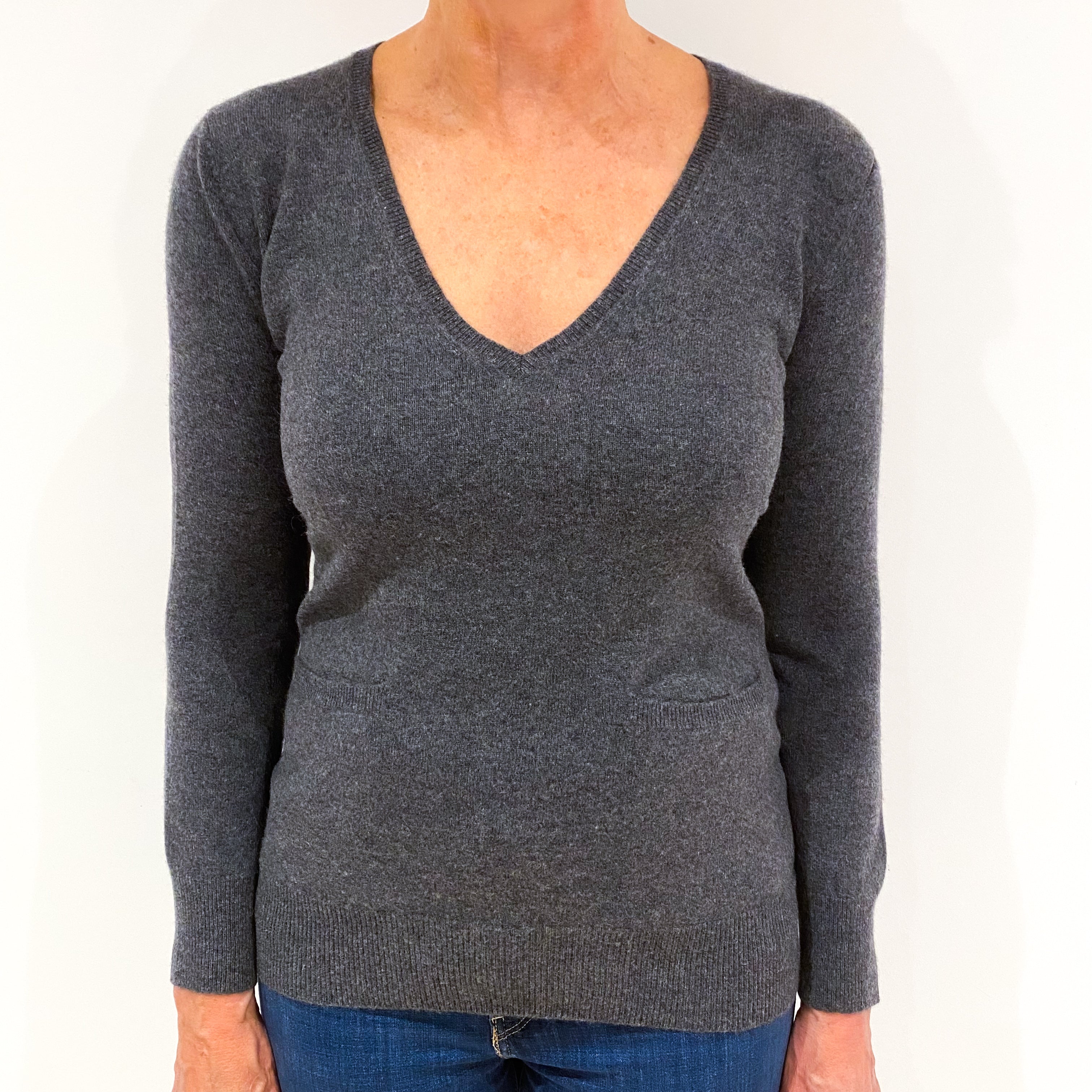 Slate Grey Cashmere V-Neck Jumper Medium