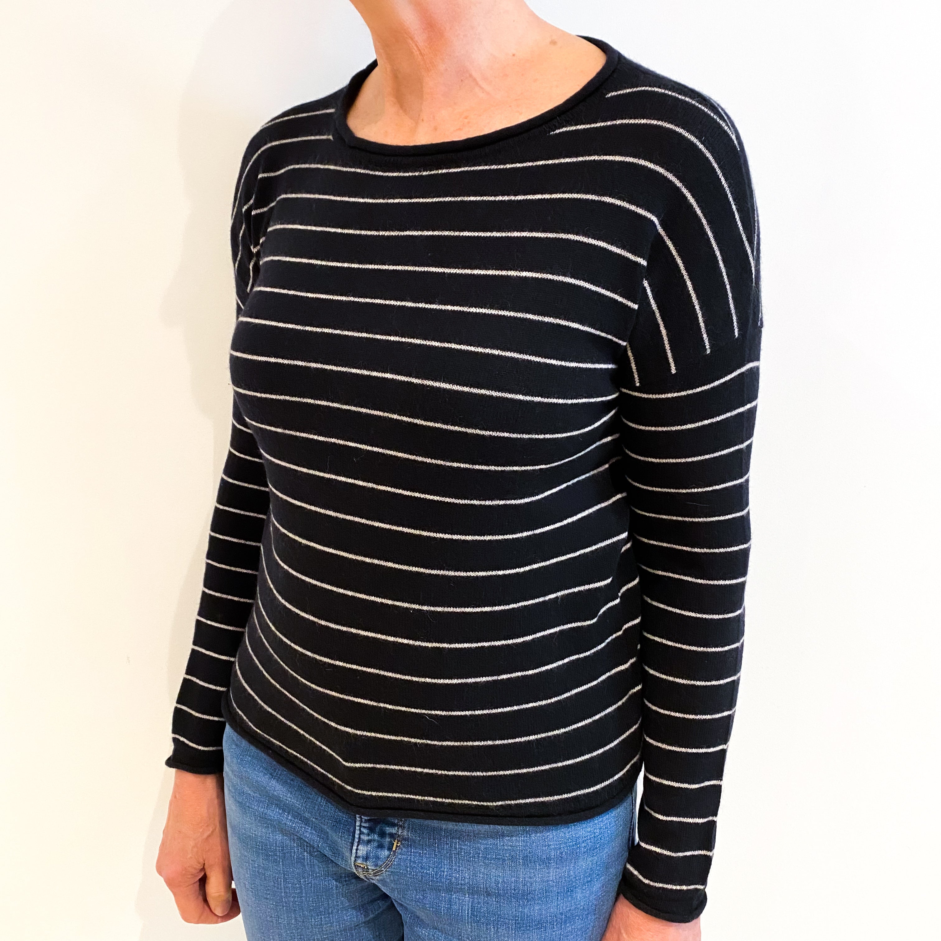 Black And White Stripe Cashmere Slash Neck Jumper Medium