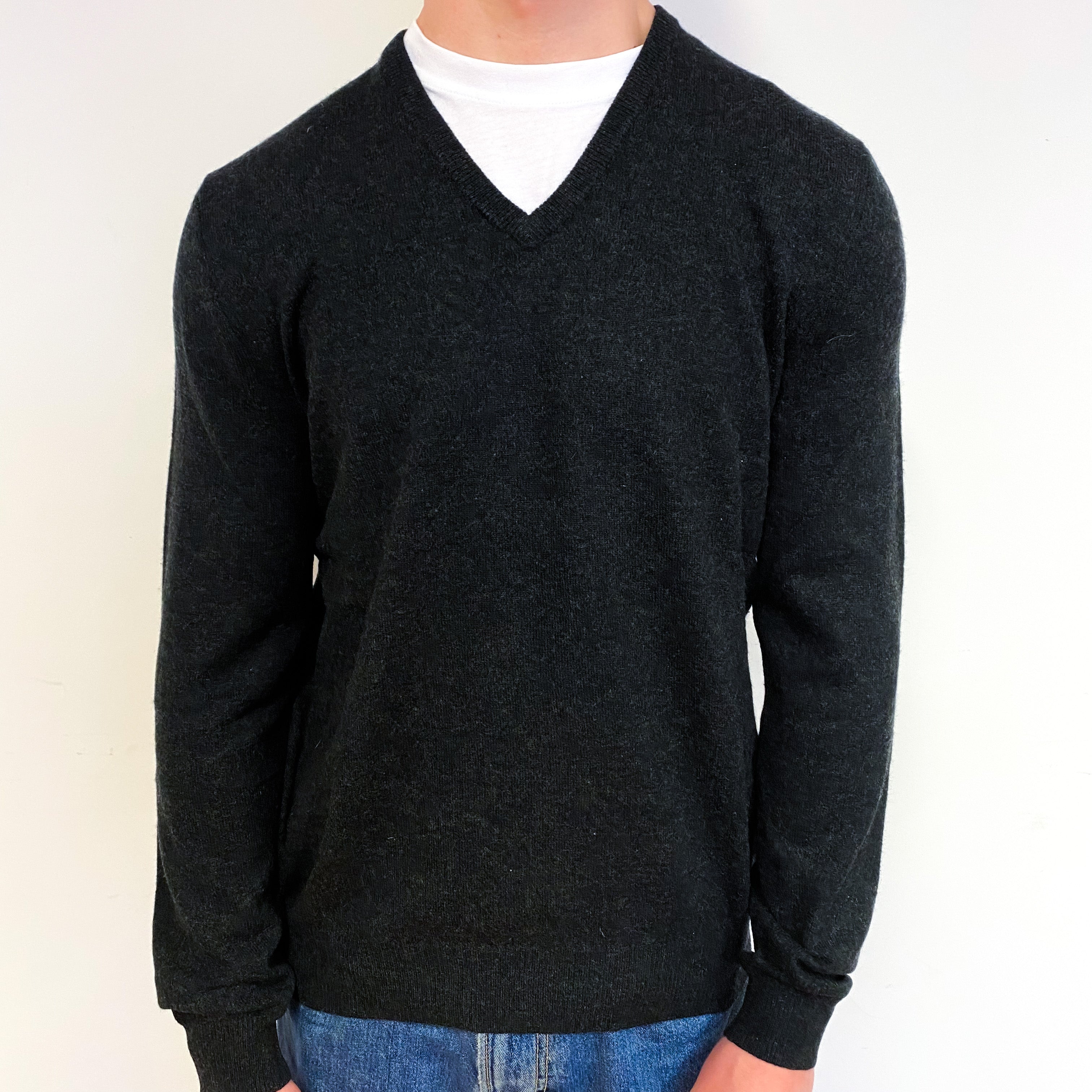 Men's Ralph Lauren Charcoal Grey Cashmere V-Neck Jumper Small