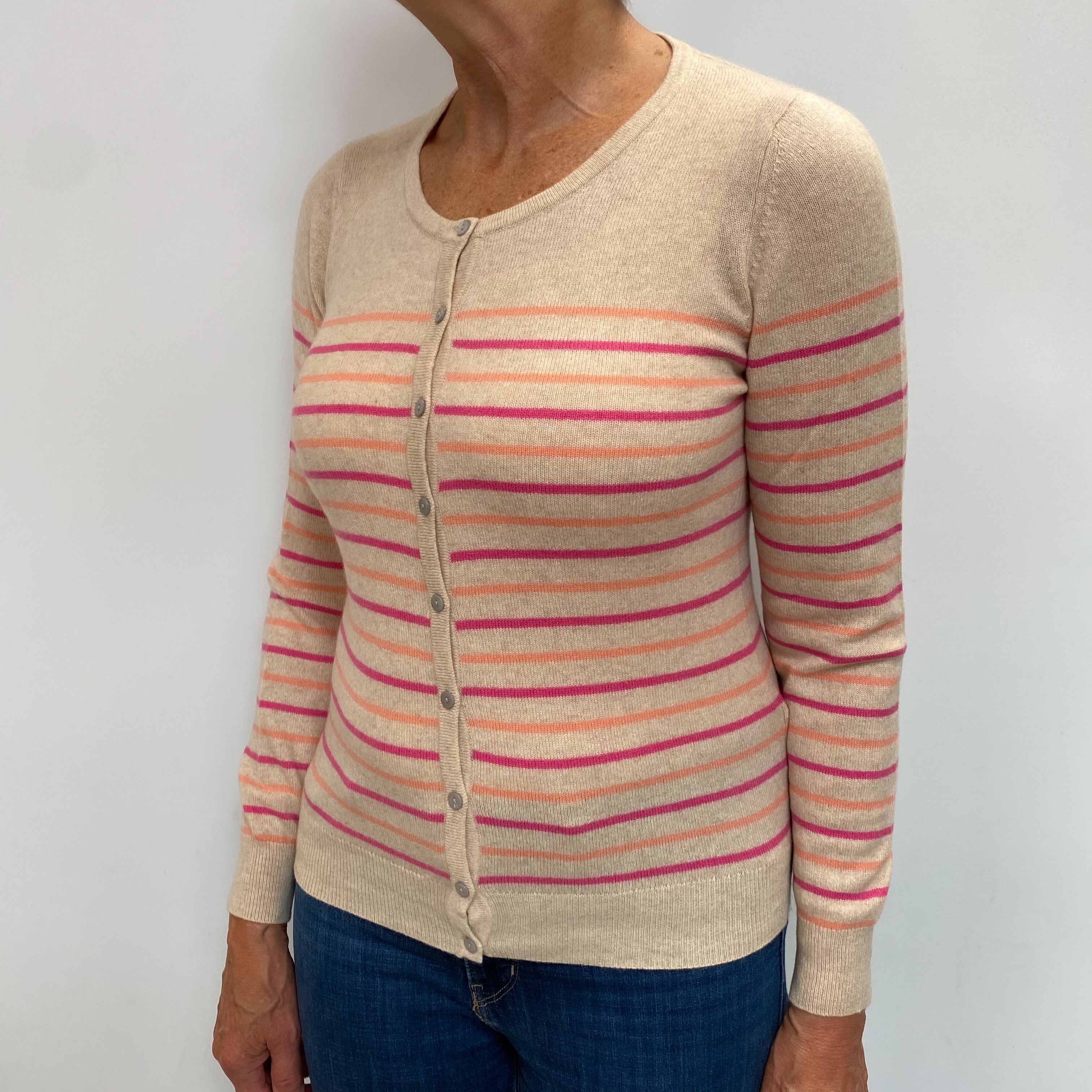 Honey Beige Striped Cashmere Crew Neck Cardigan Medium