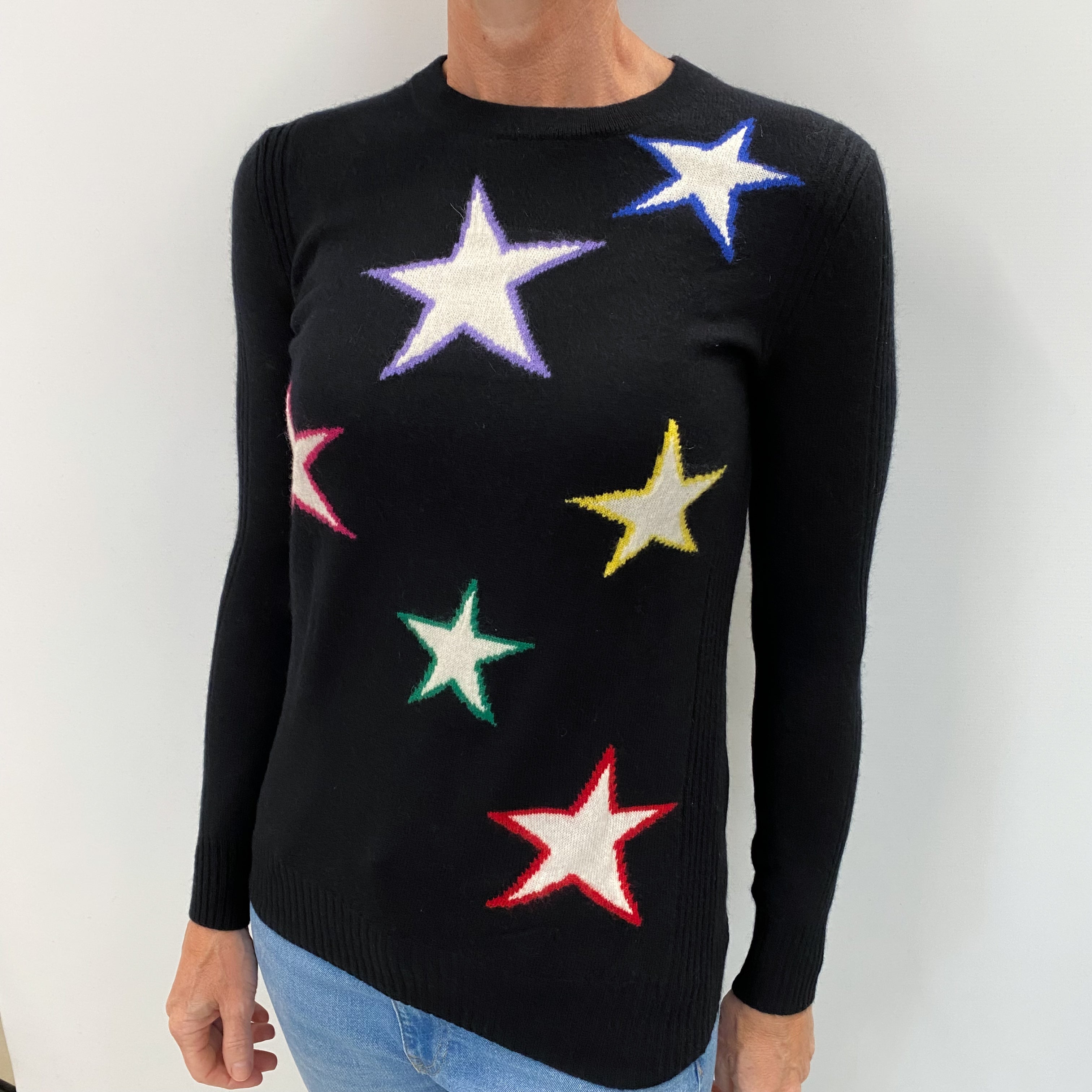 Black Star Pattern Cashmere Crew Neck Jumper Small