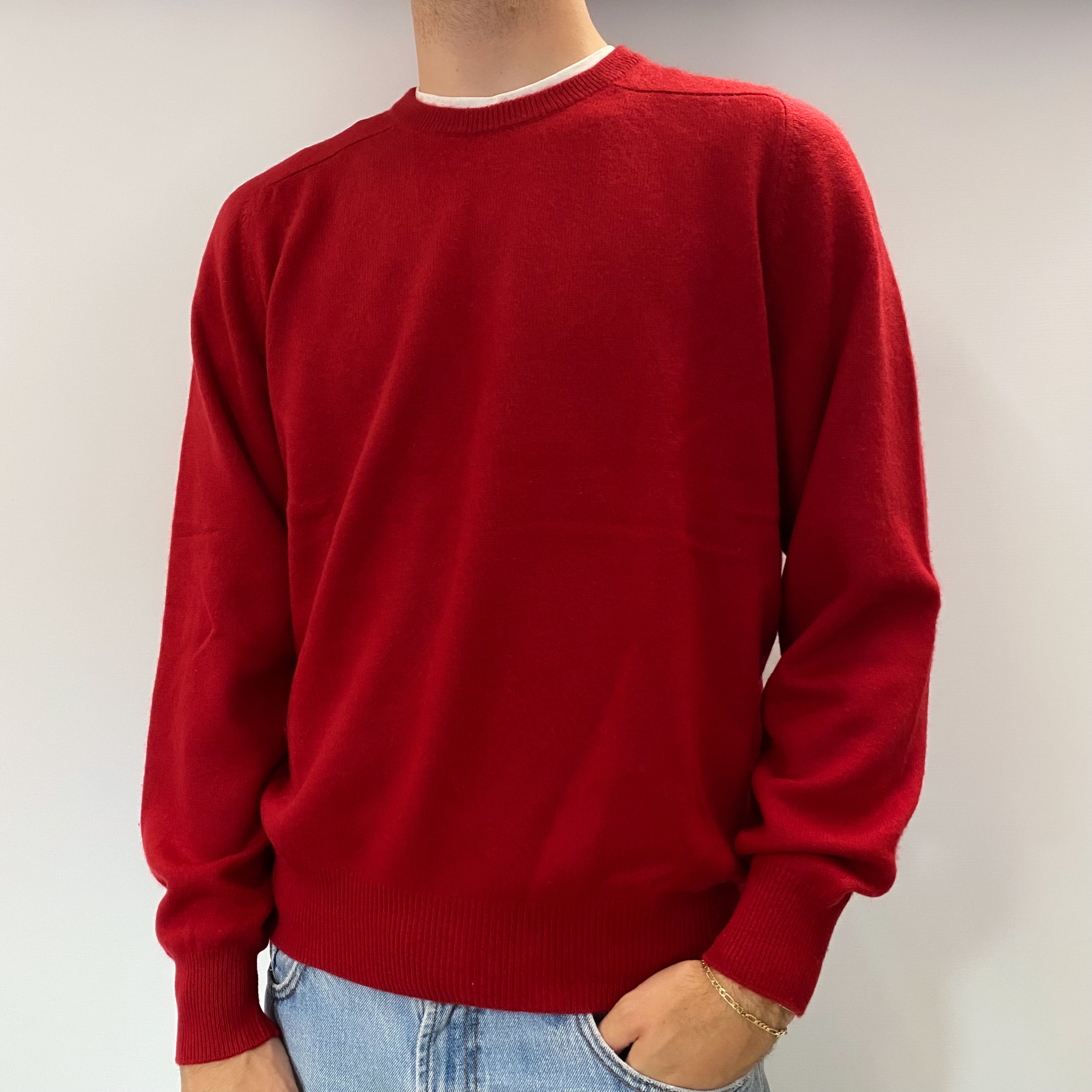 Men's Post Box Red Cashmere Crew Neck Jumper Large