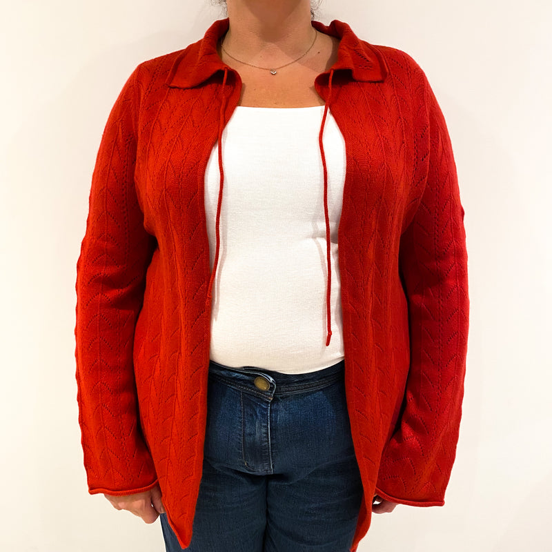 Scarlet Red Lace Knit Cashmere Edge To Edge Cardigan Extra Large