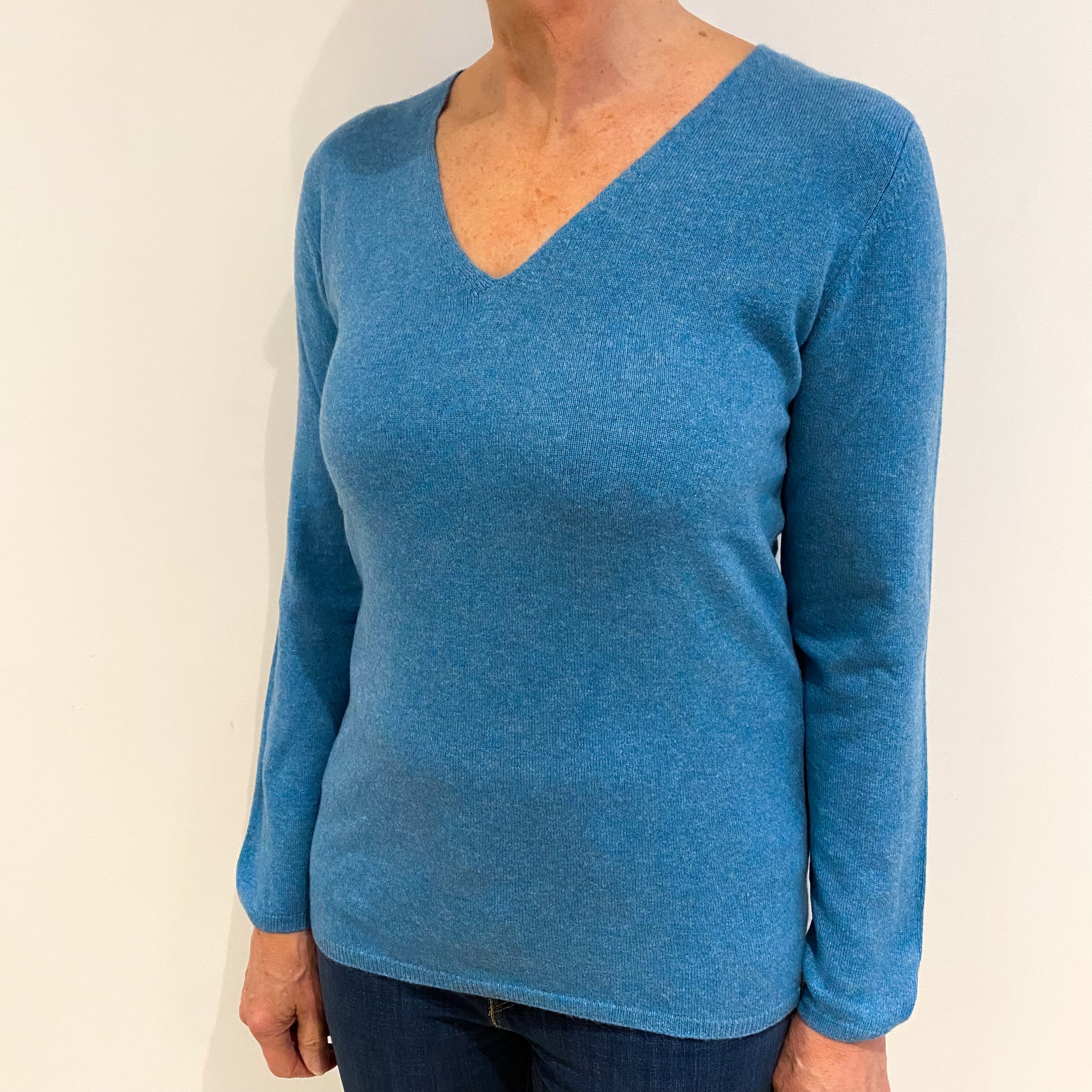Aqua Blue Cashmere V Neck Jumper Medium