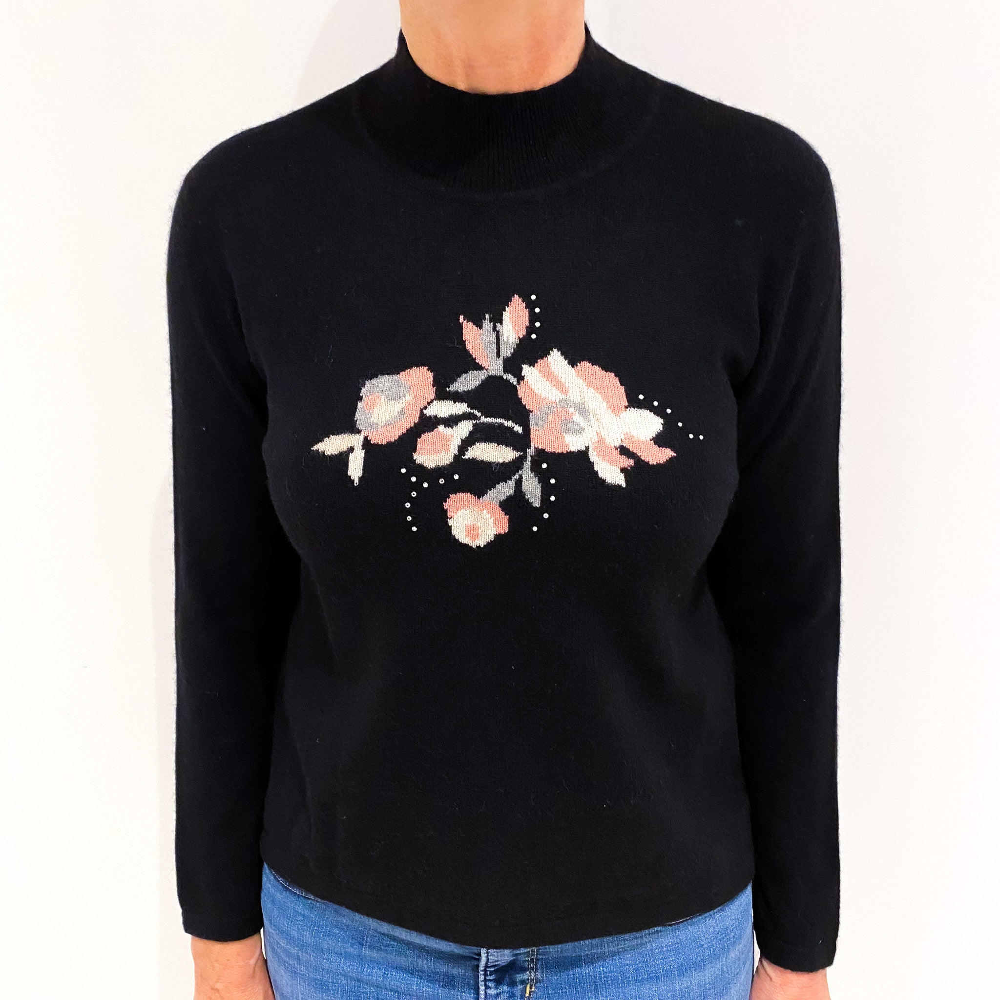 Black Flower Design Cashmere Turtle Neck Jumper Medium