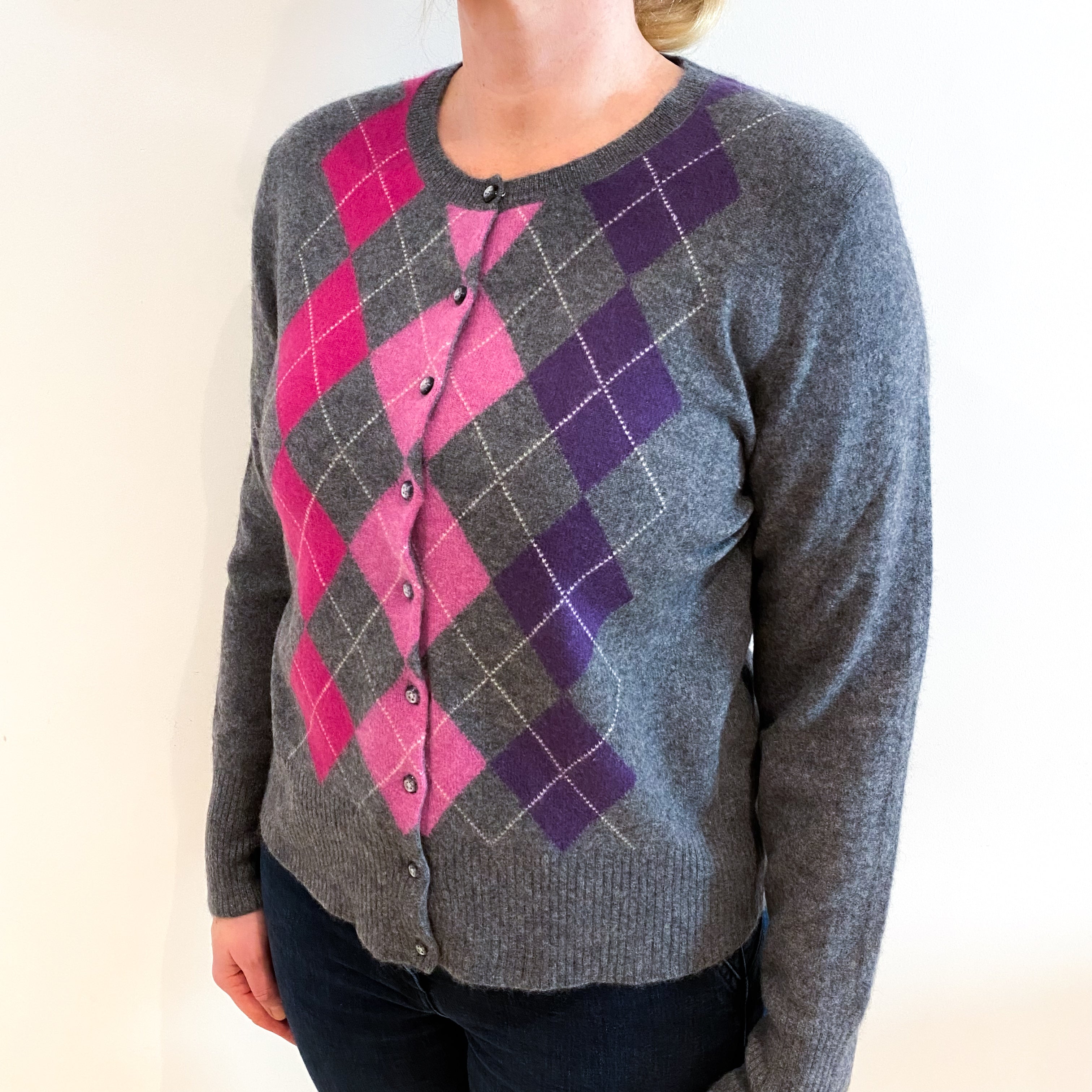Grey and Pink Diamond Cashmere Crew Neck Cardigan Large