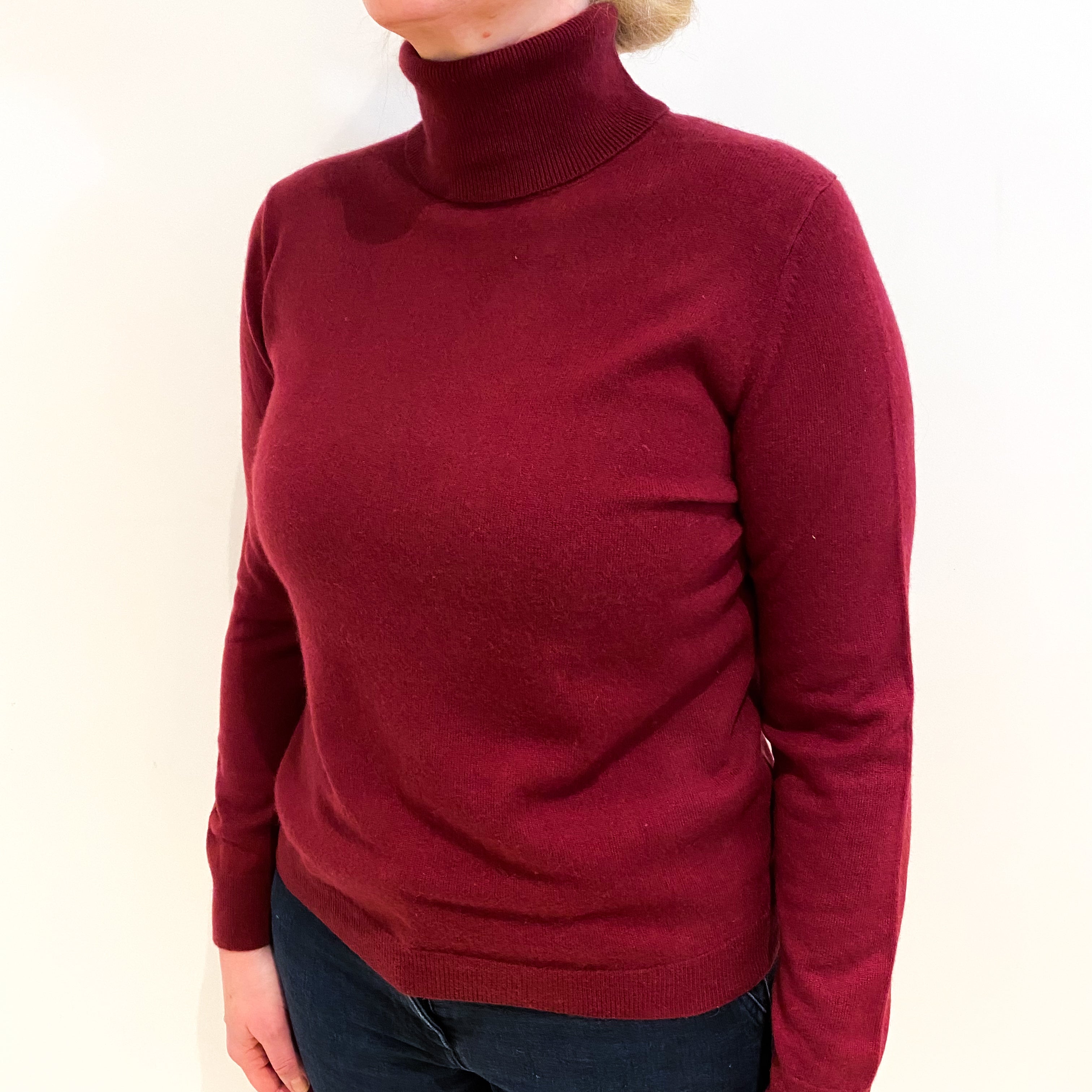 Burgundy Red Cashmere Polo Neck Jumper Large
