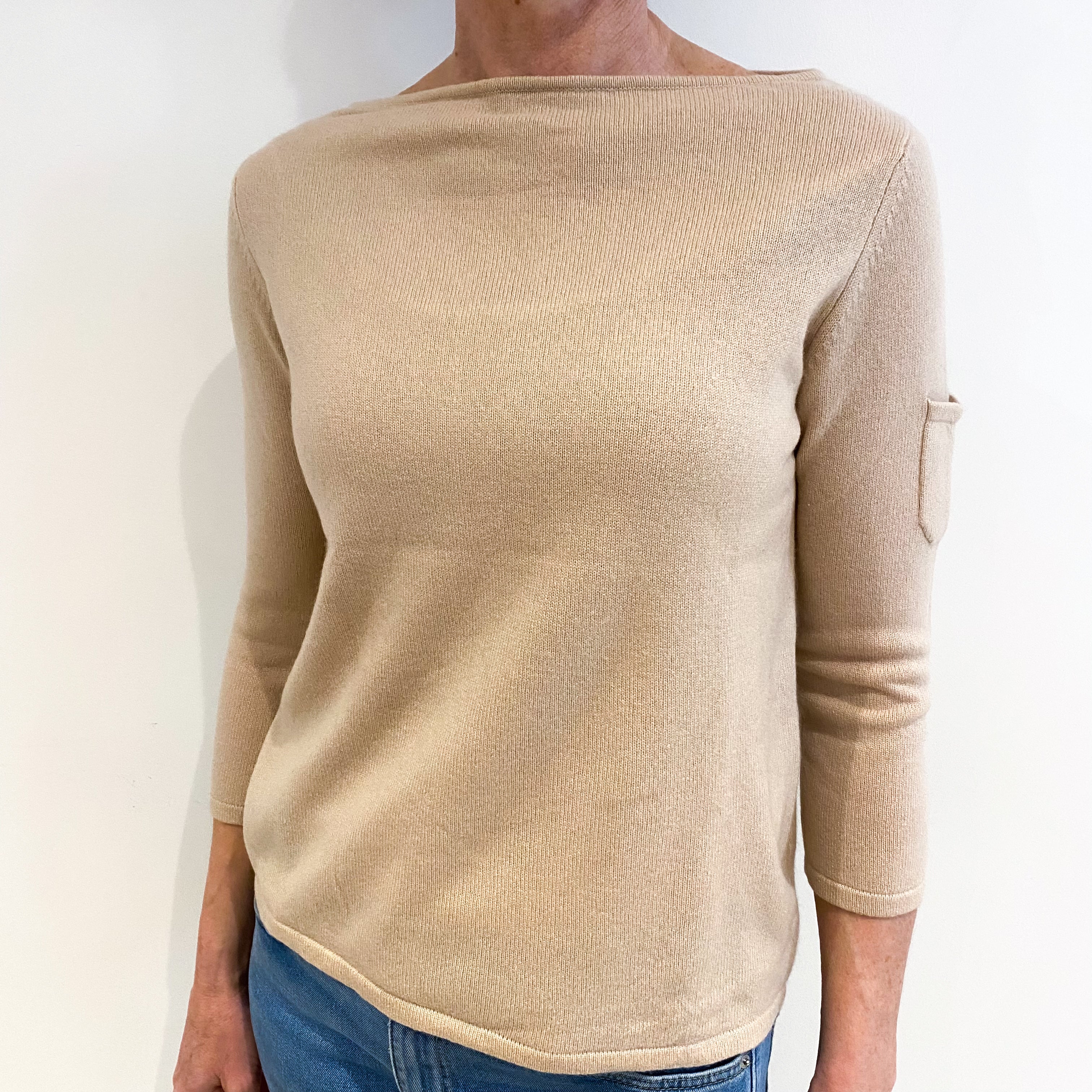 Soft Beige Cashmere Slash Neck Jumper Small
