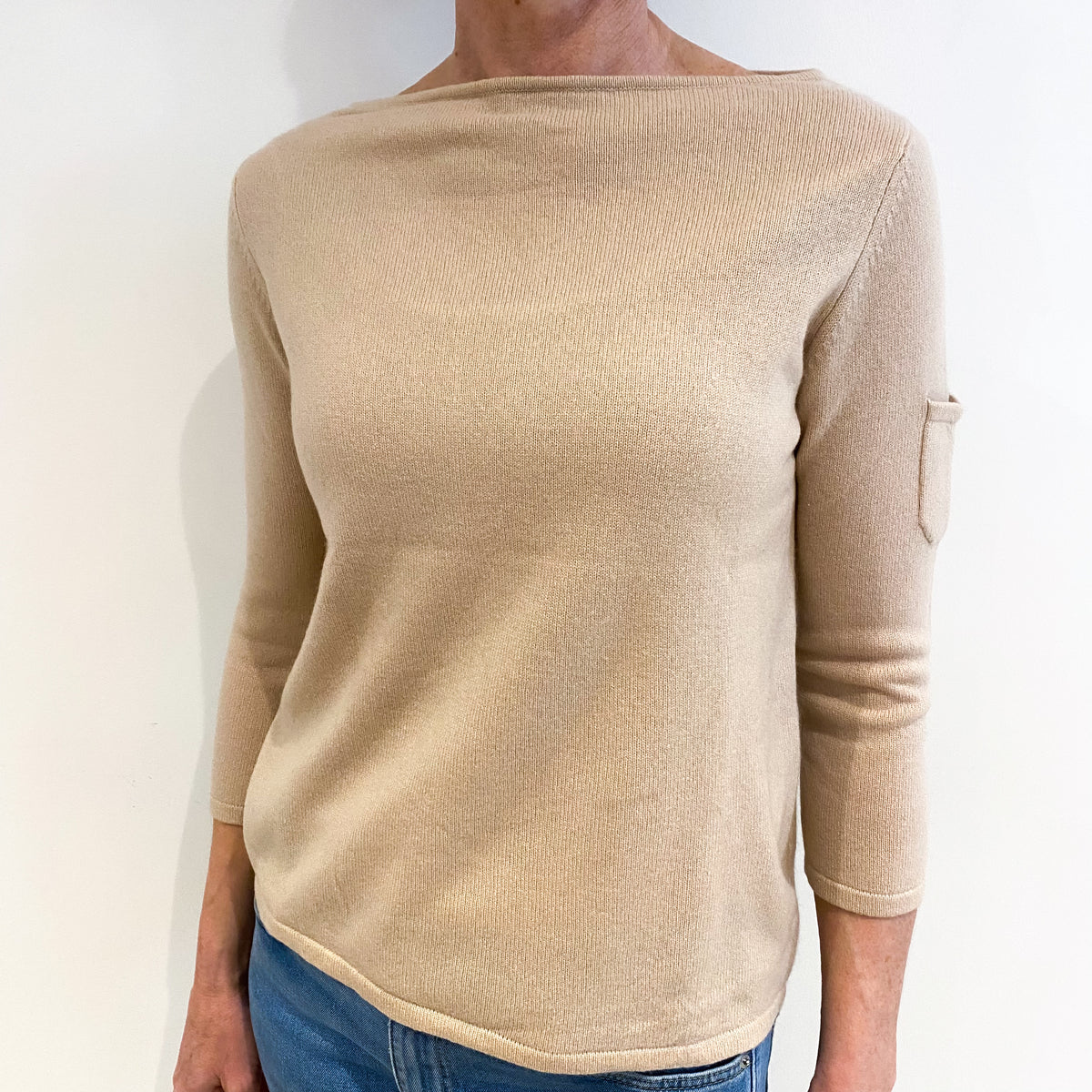 Soft Beige Cashmere Slash Neck Jumper Small