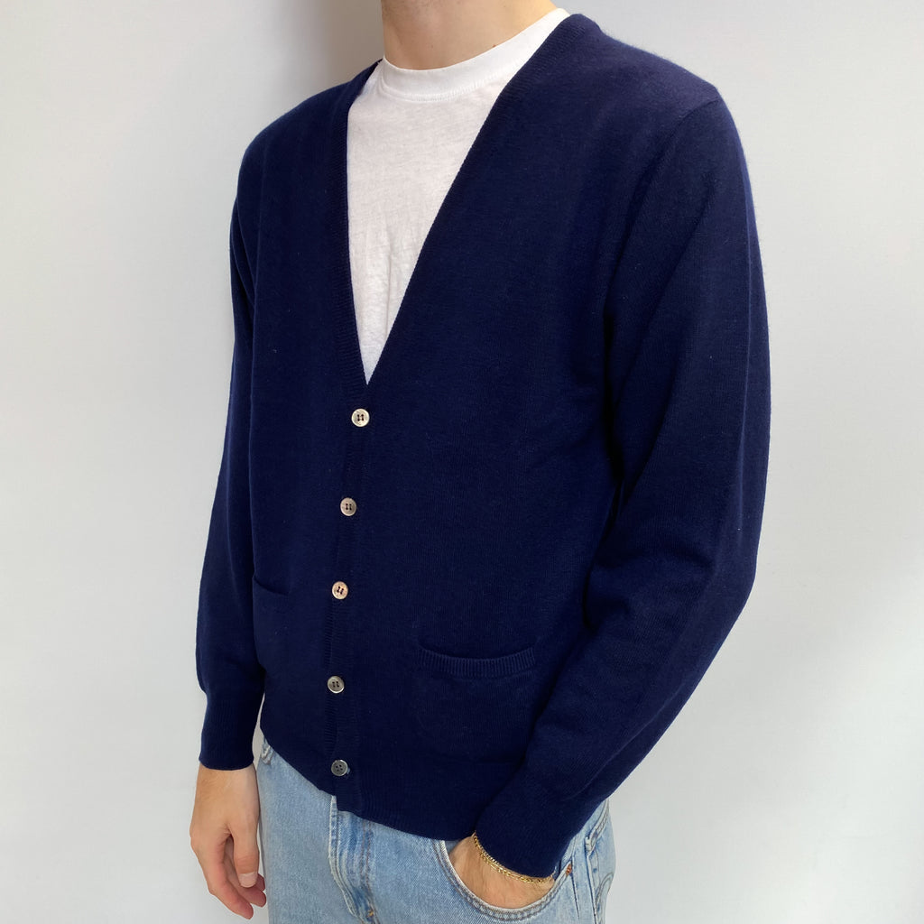 Men's Navy Blue Cashmere V Neck Cardigan with pockets Large