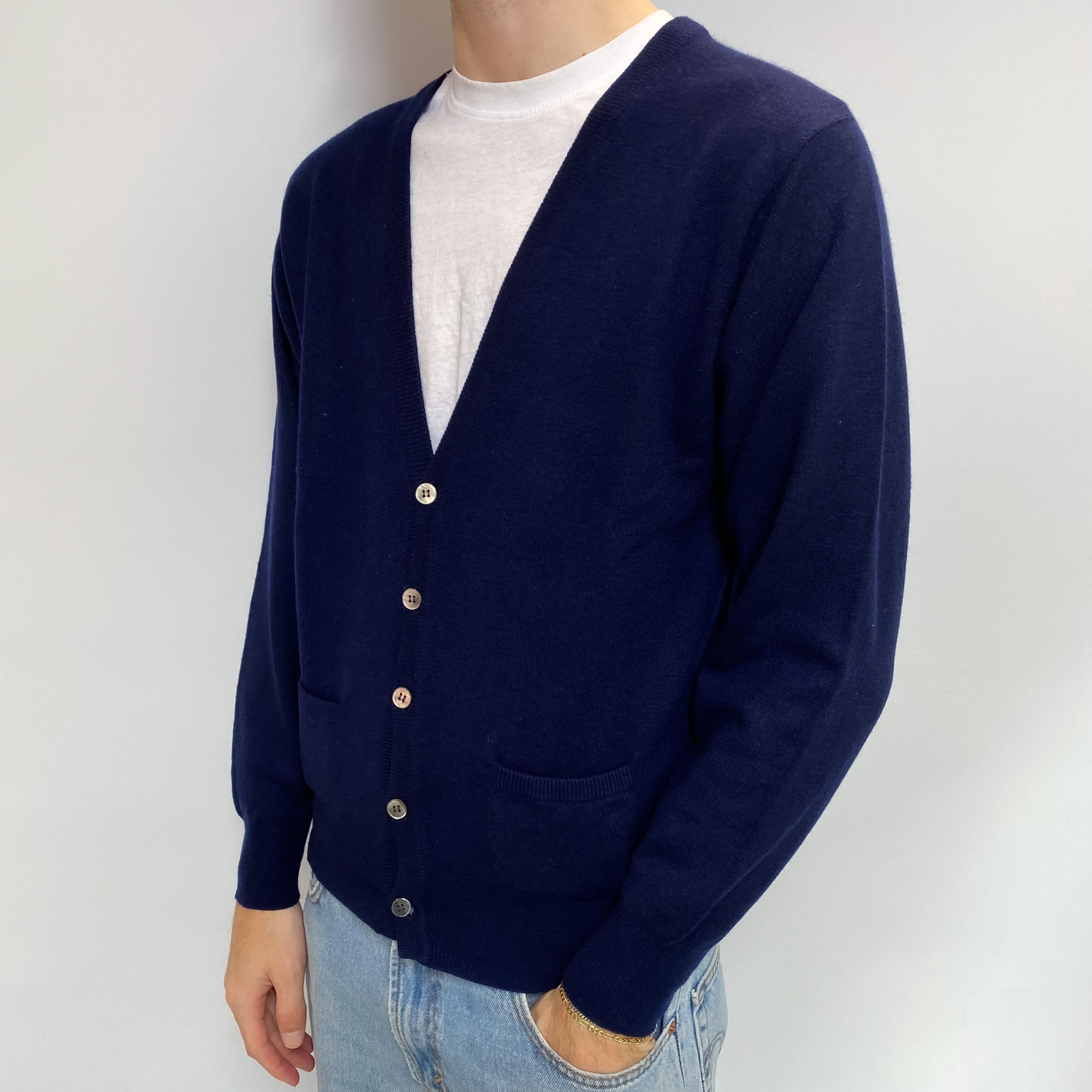 Men's Navy Blue Cashmere V Neck Cardigan with pockets Large