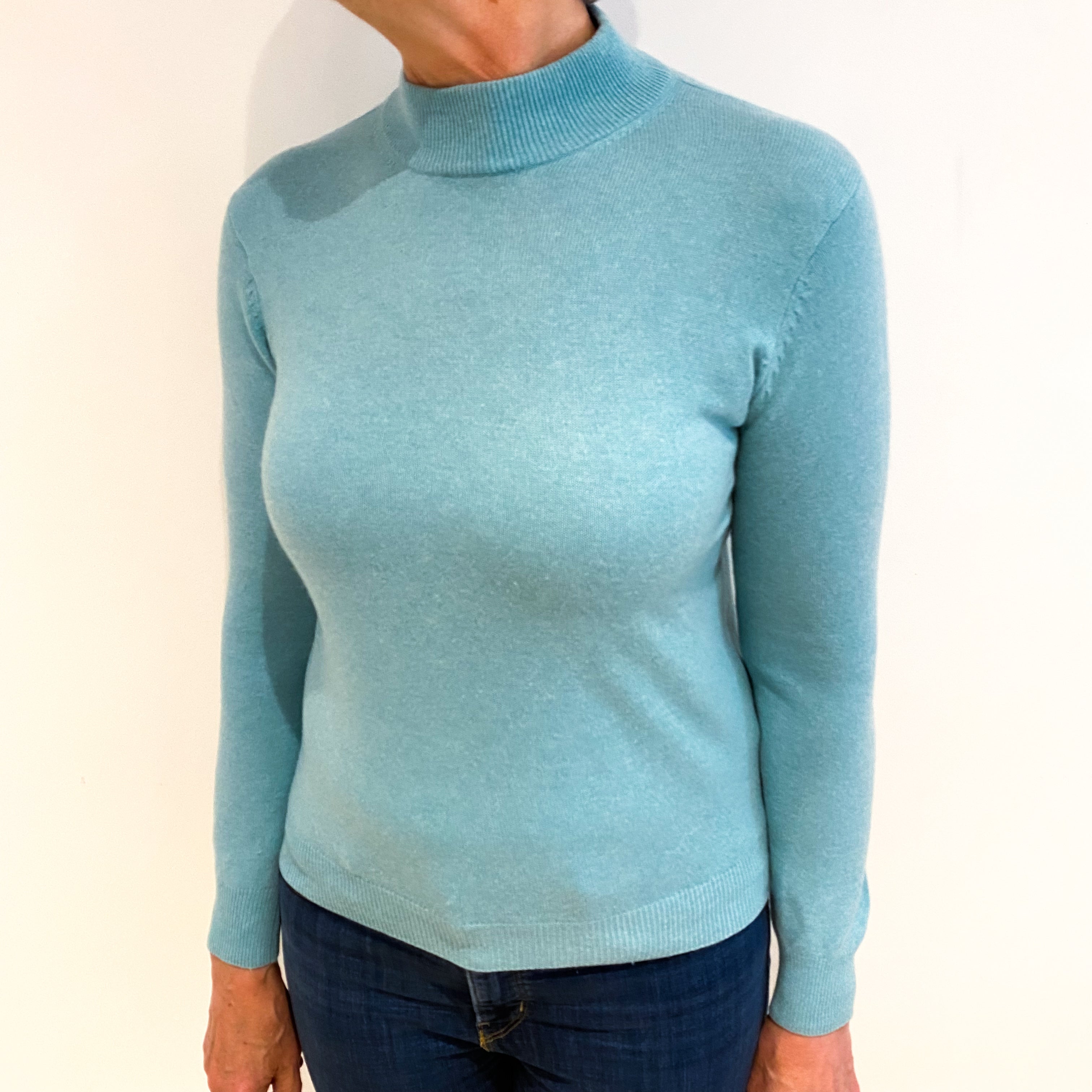 Pale Aqua Blue Cashmere Turtle Neck Jumper Medium