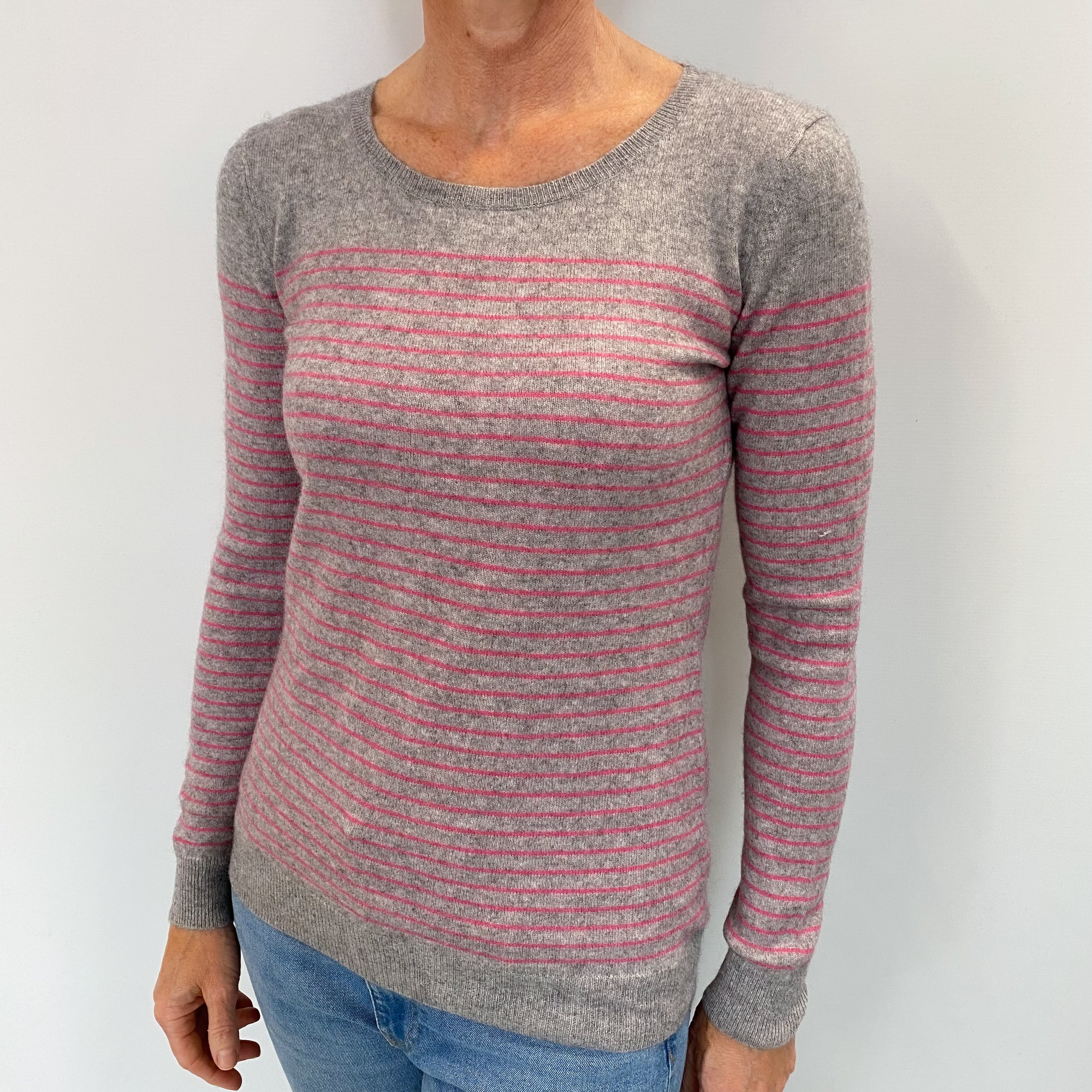 Ash Grey And Pink Stripe Cashmere Crew Neck Jumper Small