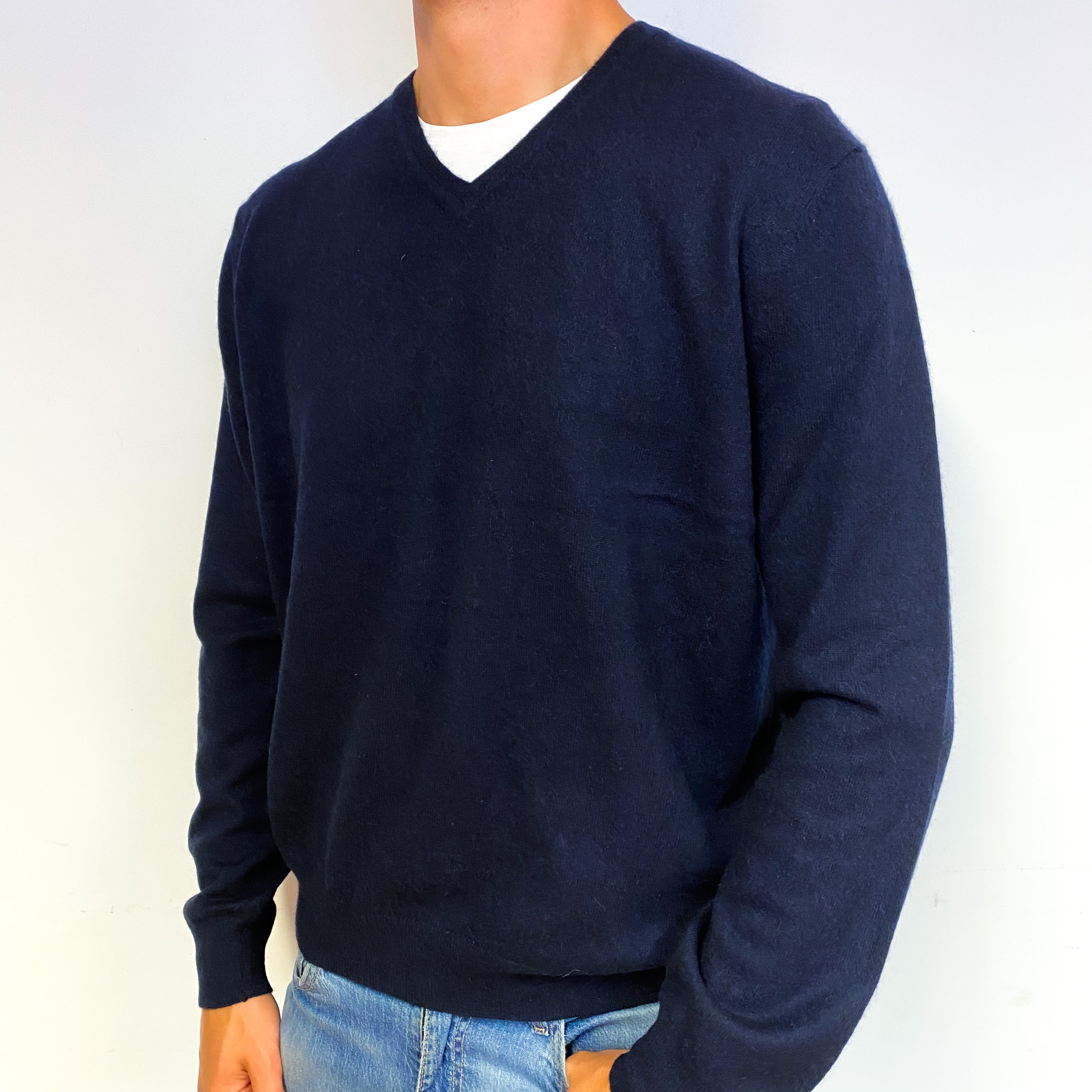 Men's Navy Blue Cashmere V-Neck Jumper Extra Extra Large