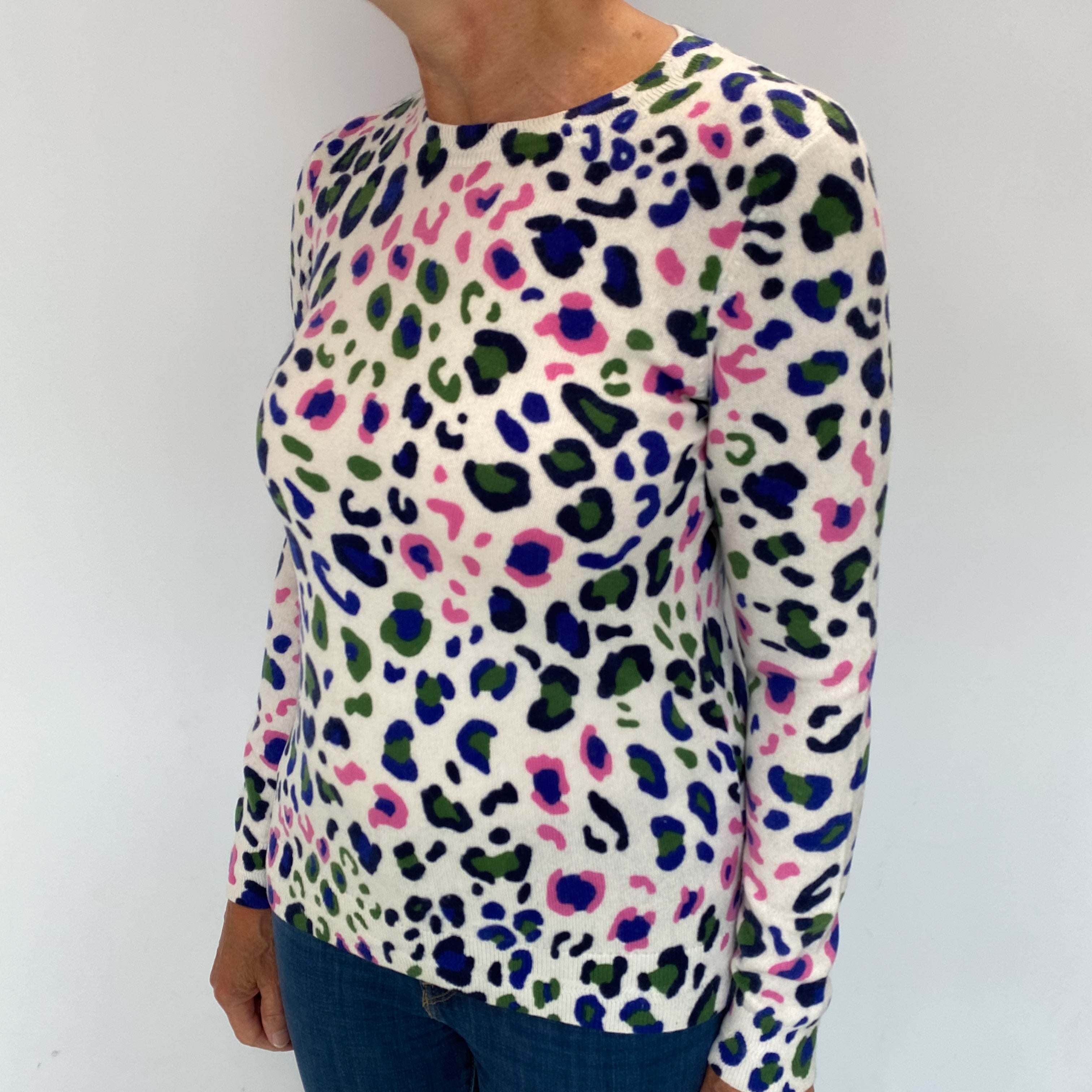 Cream Colourful Animal Print Cashmere Crew Neck Jumper Medium