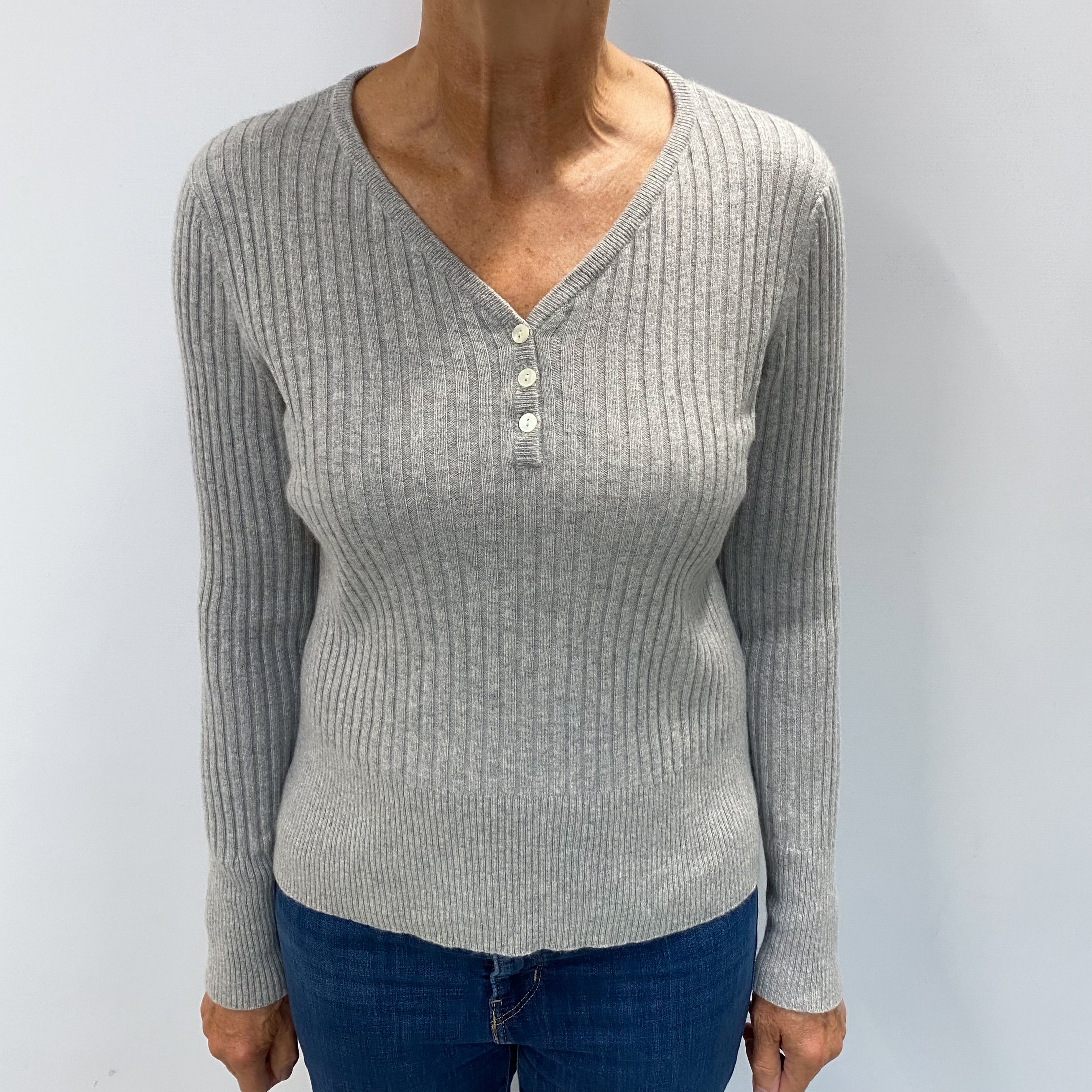 Smoke Grey Cashmere Buttoned V Neck Jumper Medium