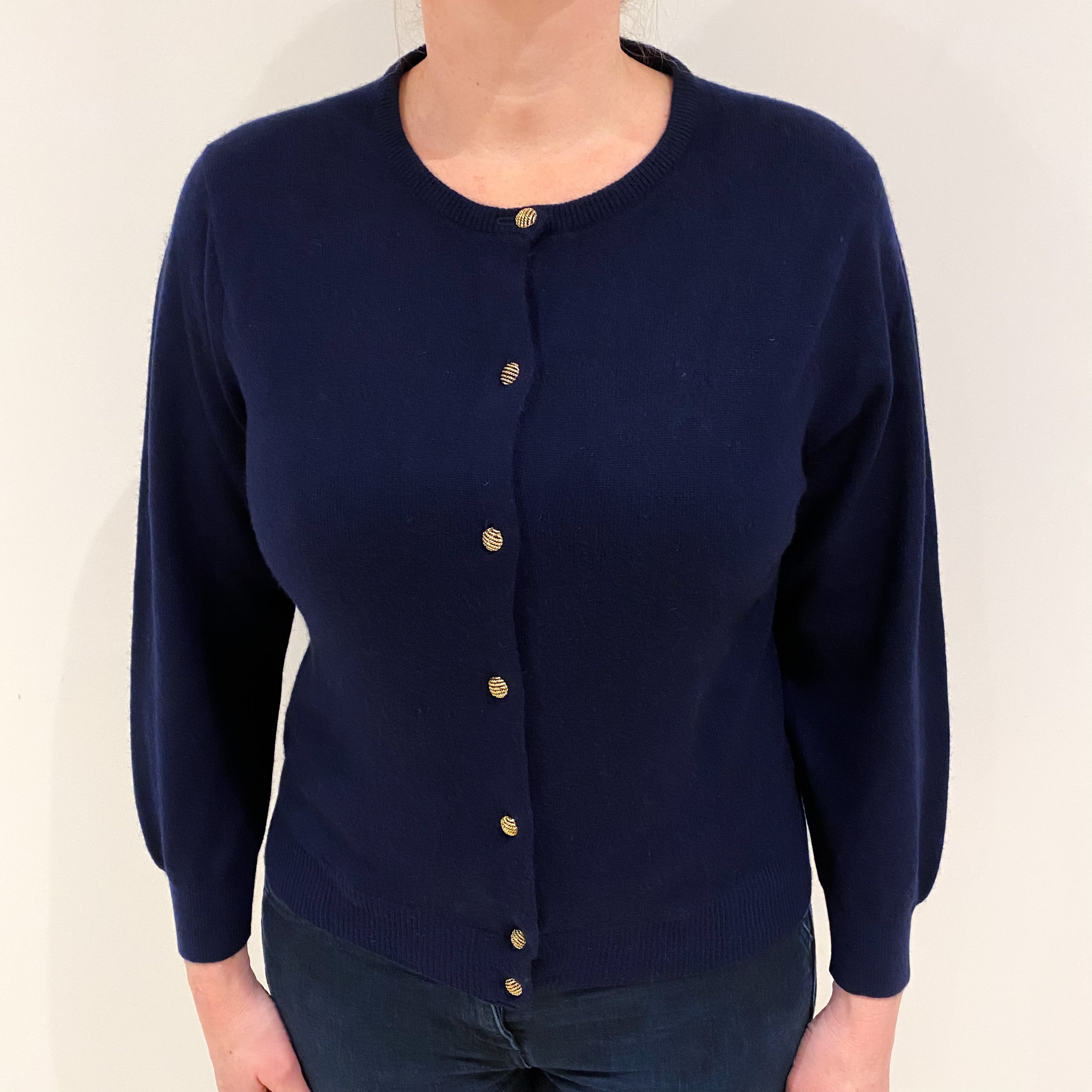 Navy Blue Cashmere Crew Neck Cardigan Large