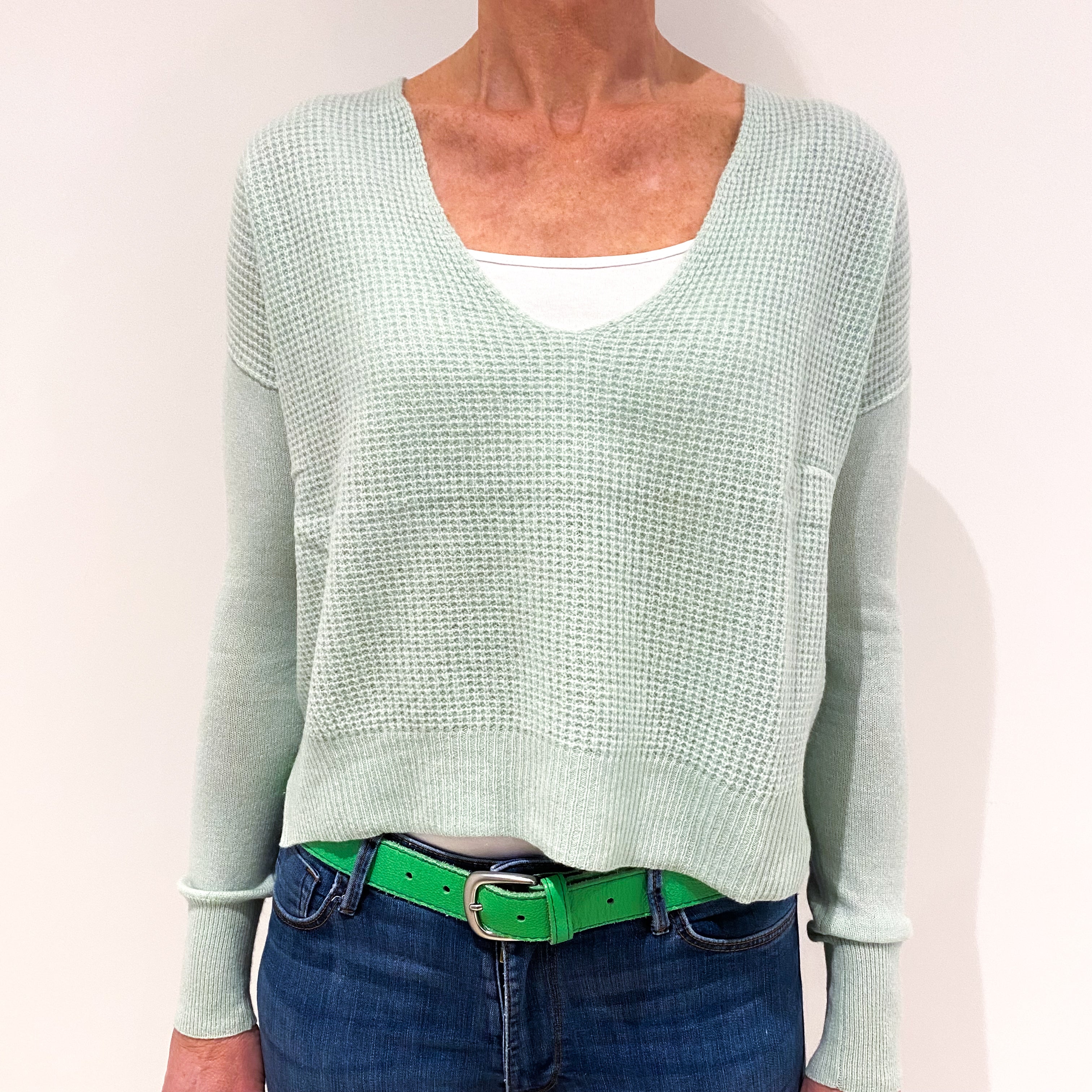 Mint Green Waffle Knit Cashmere V-Neck Jumper Small