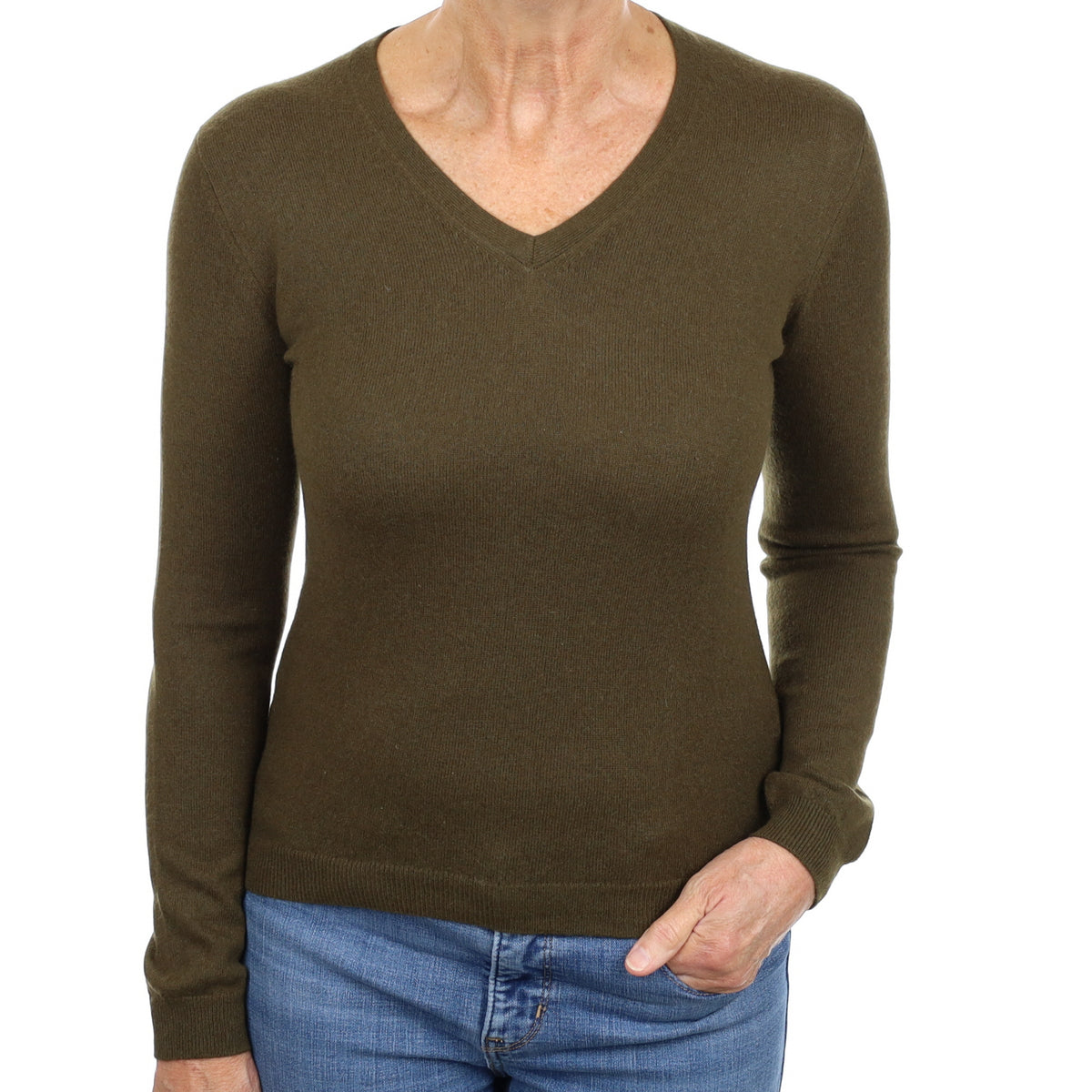 Khaki Green Cashmere V Neck Jumper Medium