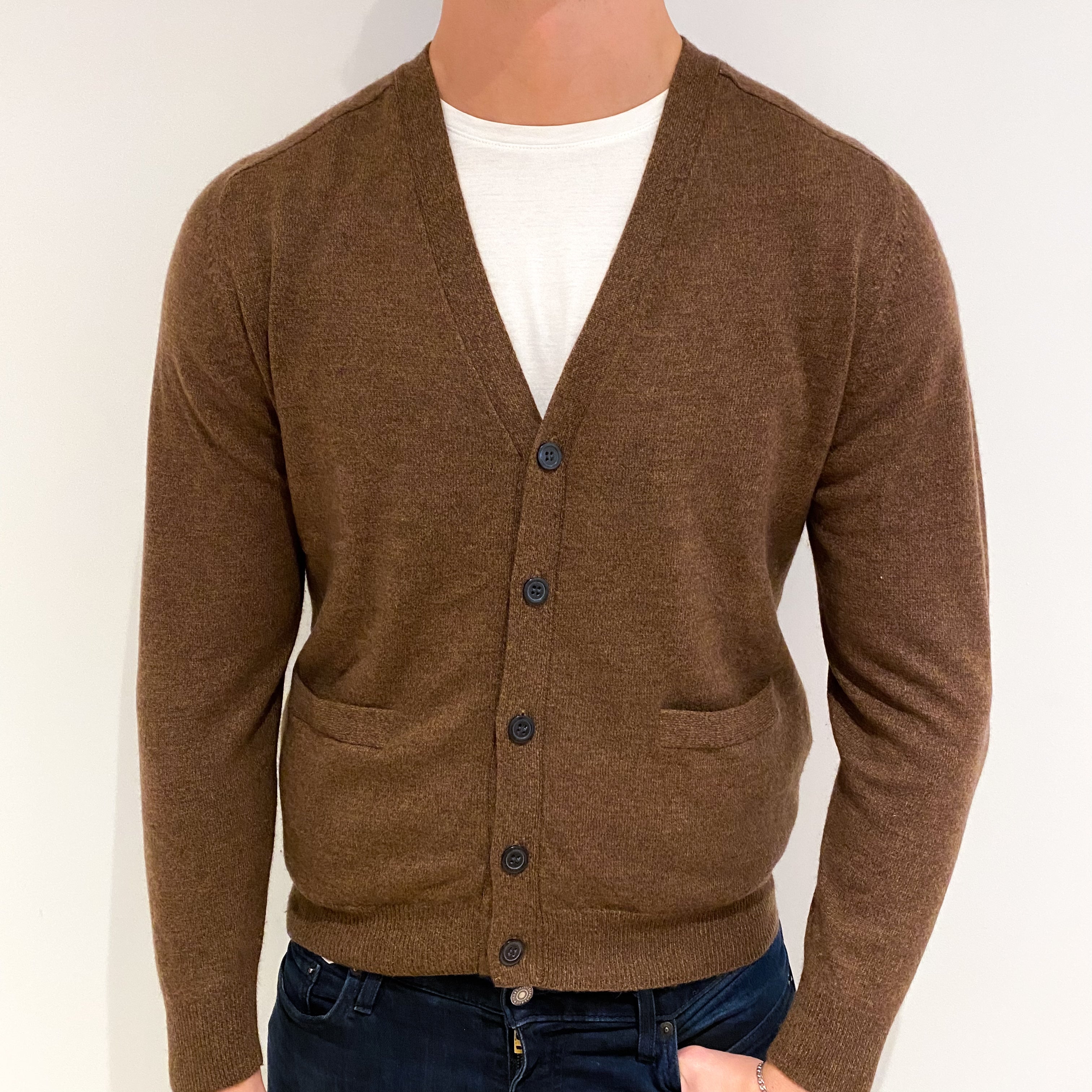 Men's Russet Brown Cashmere V Neck Cardigan XL