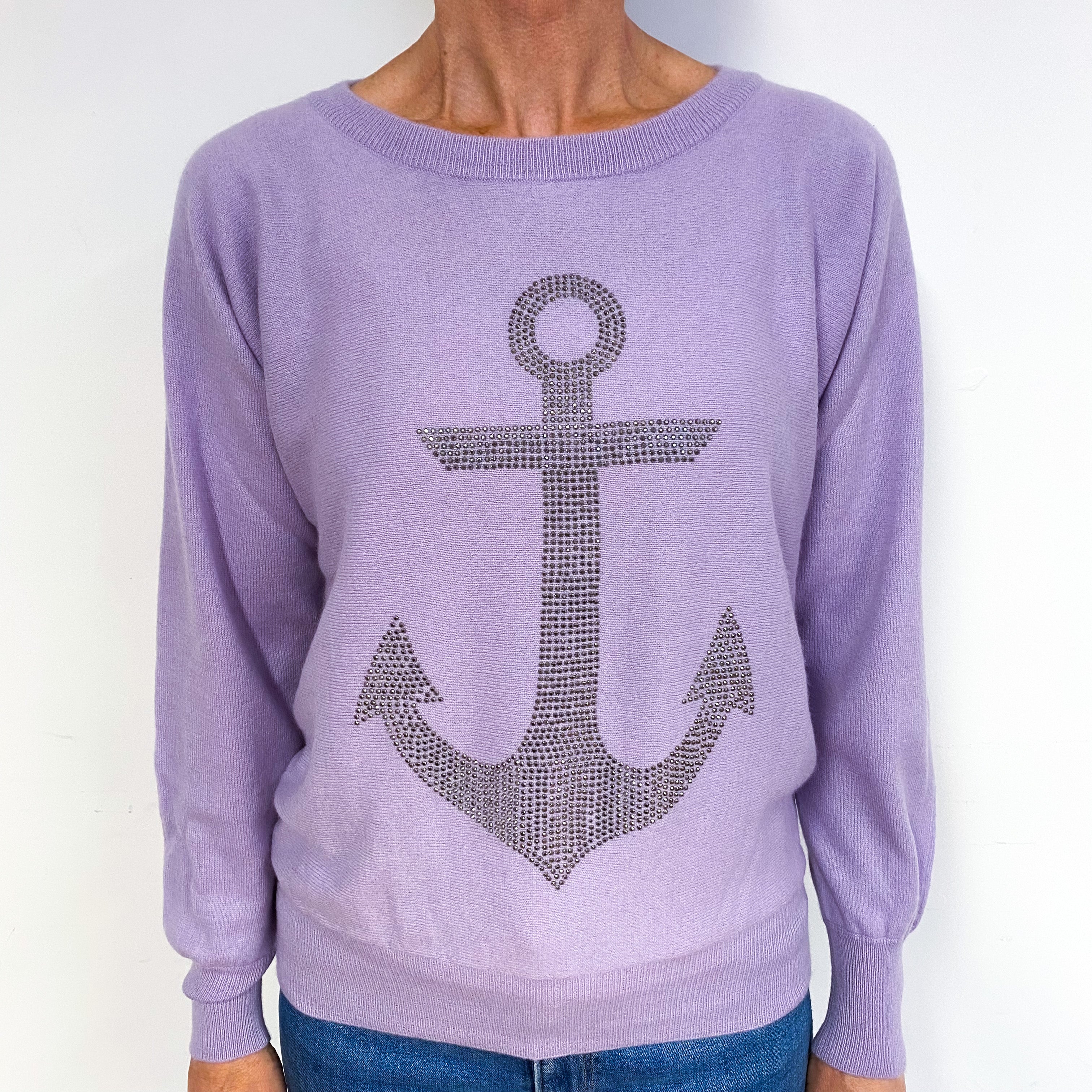 Lilac Purple Bejewelled Anchor Cashmere Crew Neck Jumper Medium