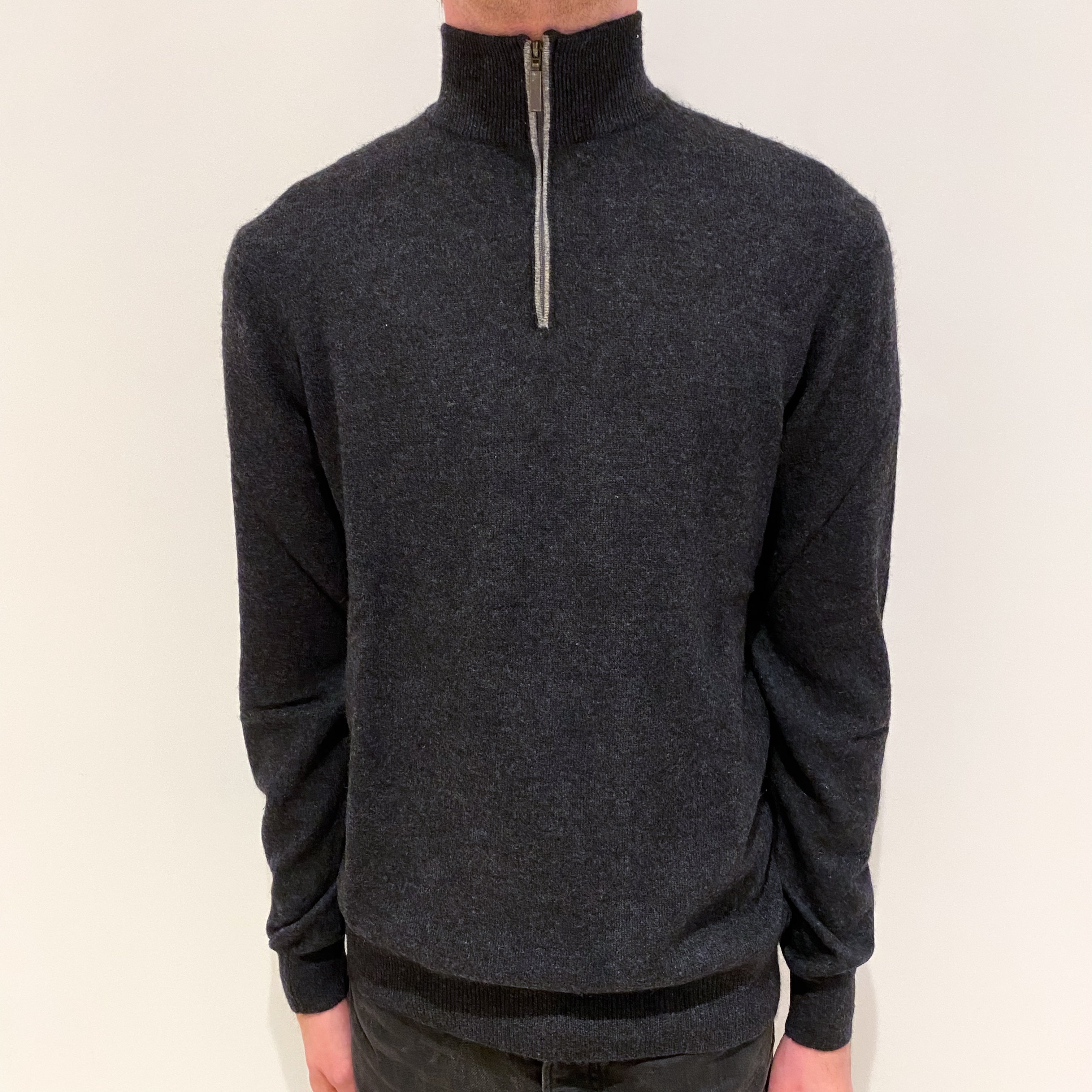 Men's Charcoal Grey Cashmere 1/4 Zip Jumper Small