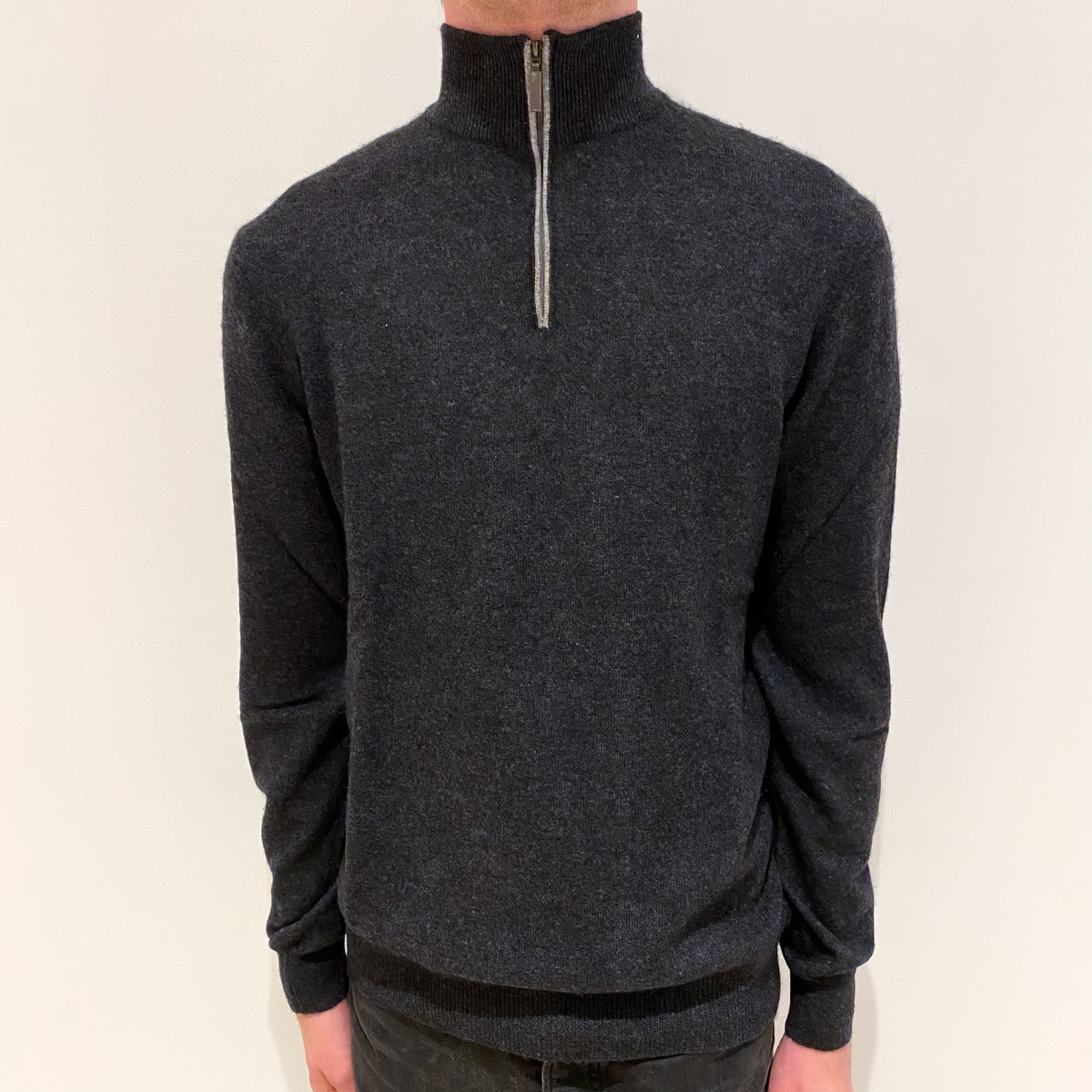 Men's Charcoal Grey Cashmere 1/4 Zip Jumper Small