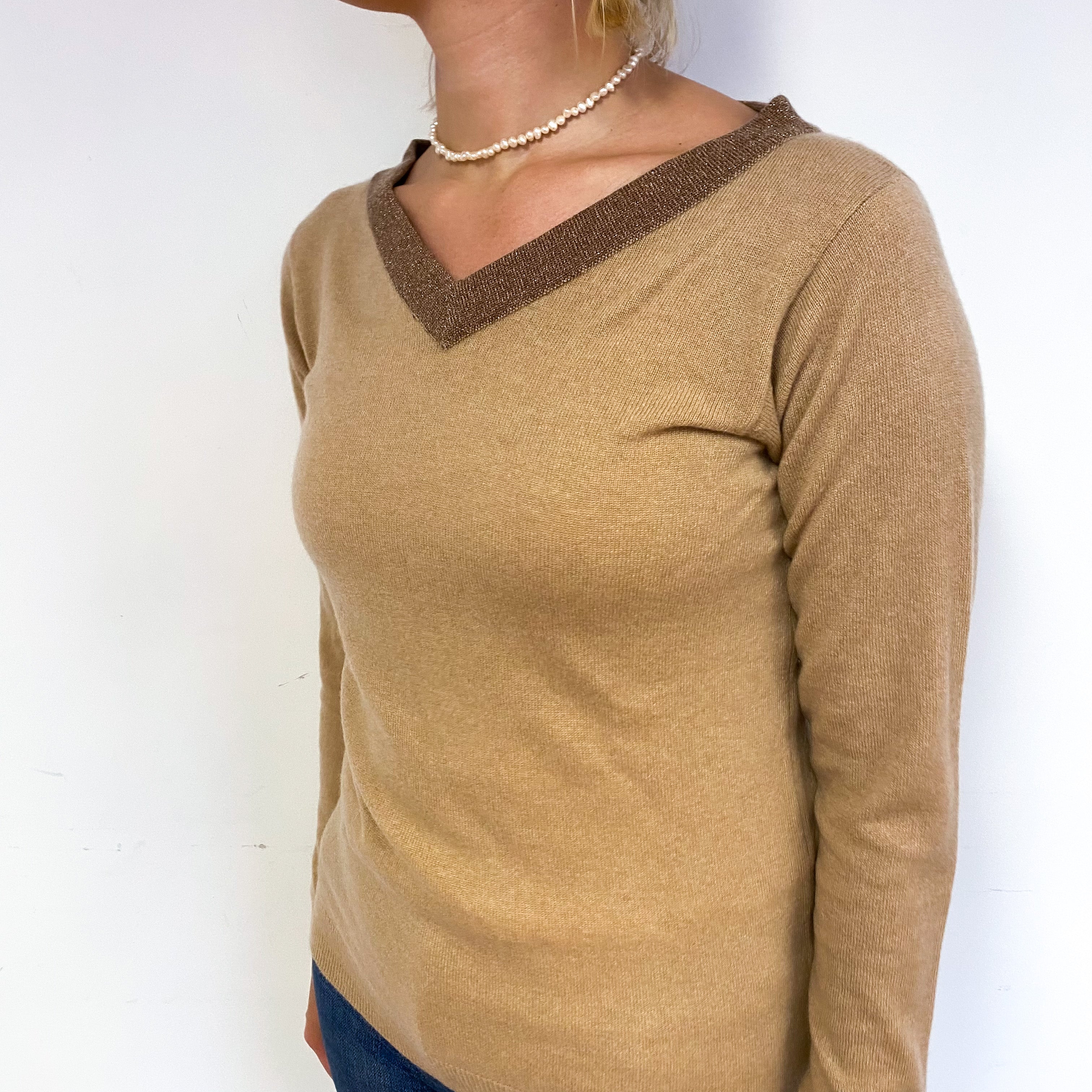 New Scottish Camel Brown Cashmere Sparkly V-Neck Jumper Small