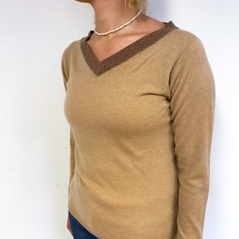 New Scottish Camel Brown Cashmere Sparkly V-Neck Jumper Small