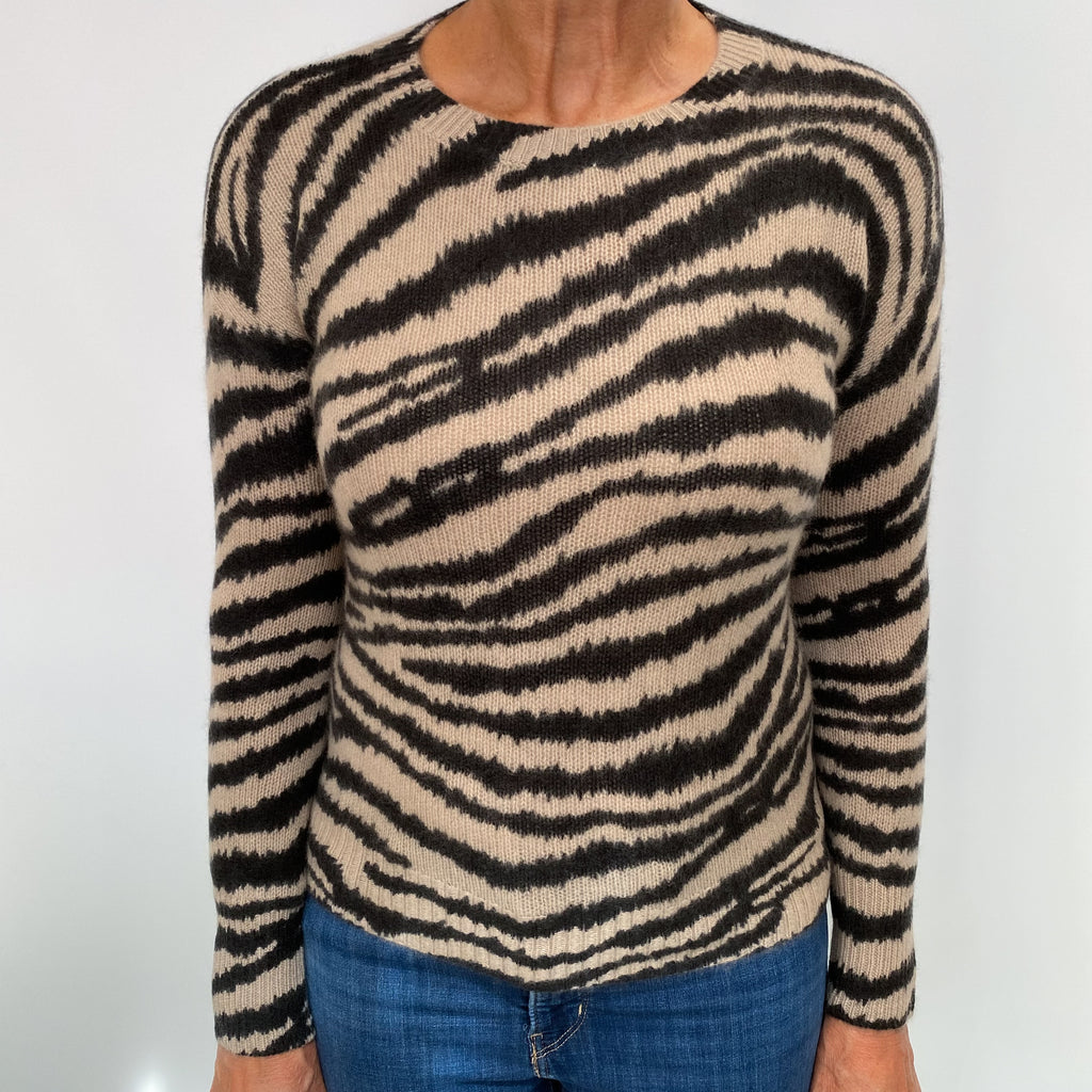 Charcoal and Beige Zebra Print Cashmere Crew Neck Jumper Medium