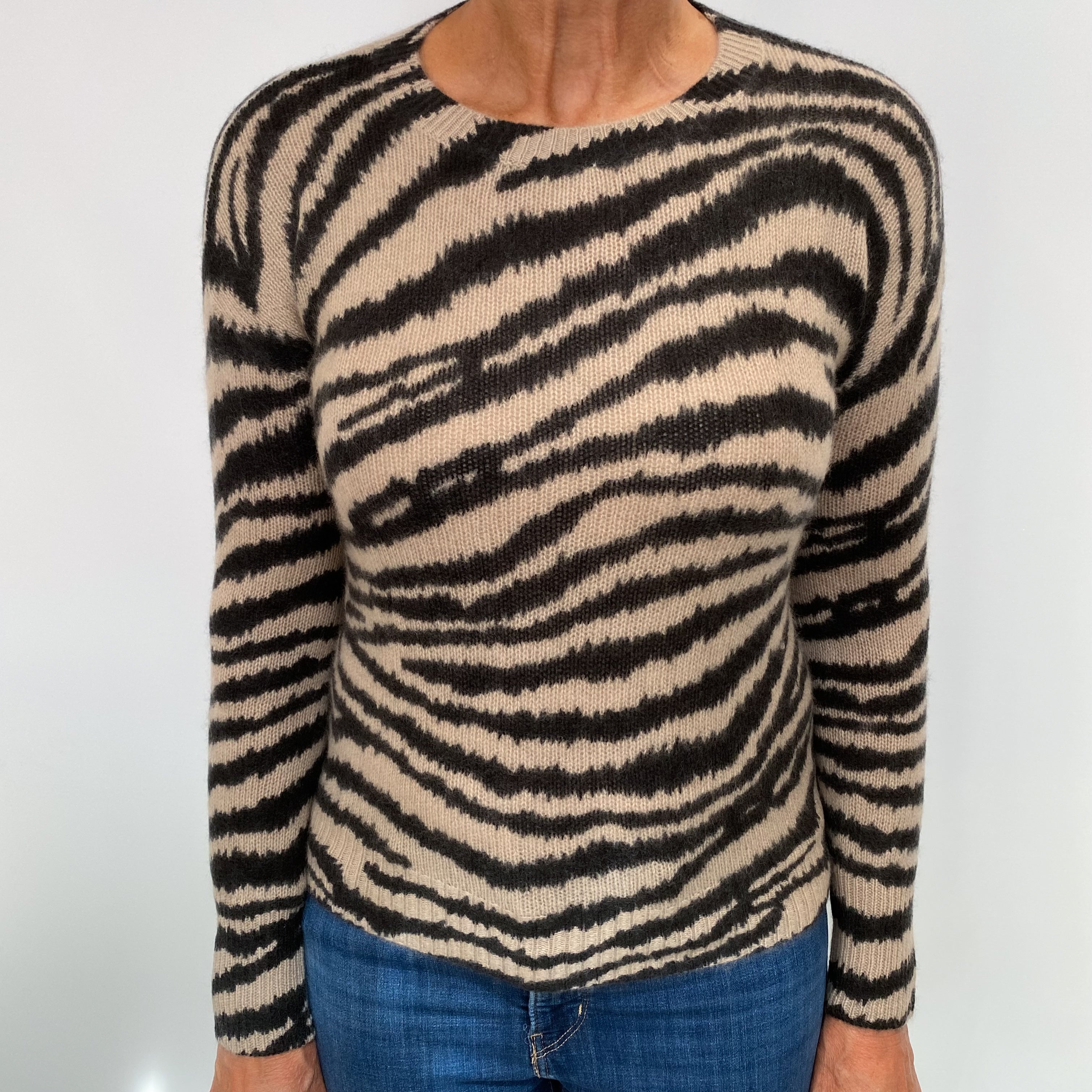 Charcoal and Beige Zebra Print Cashmere Crew Neck Jumper Medium