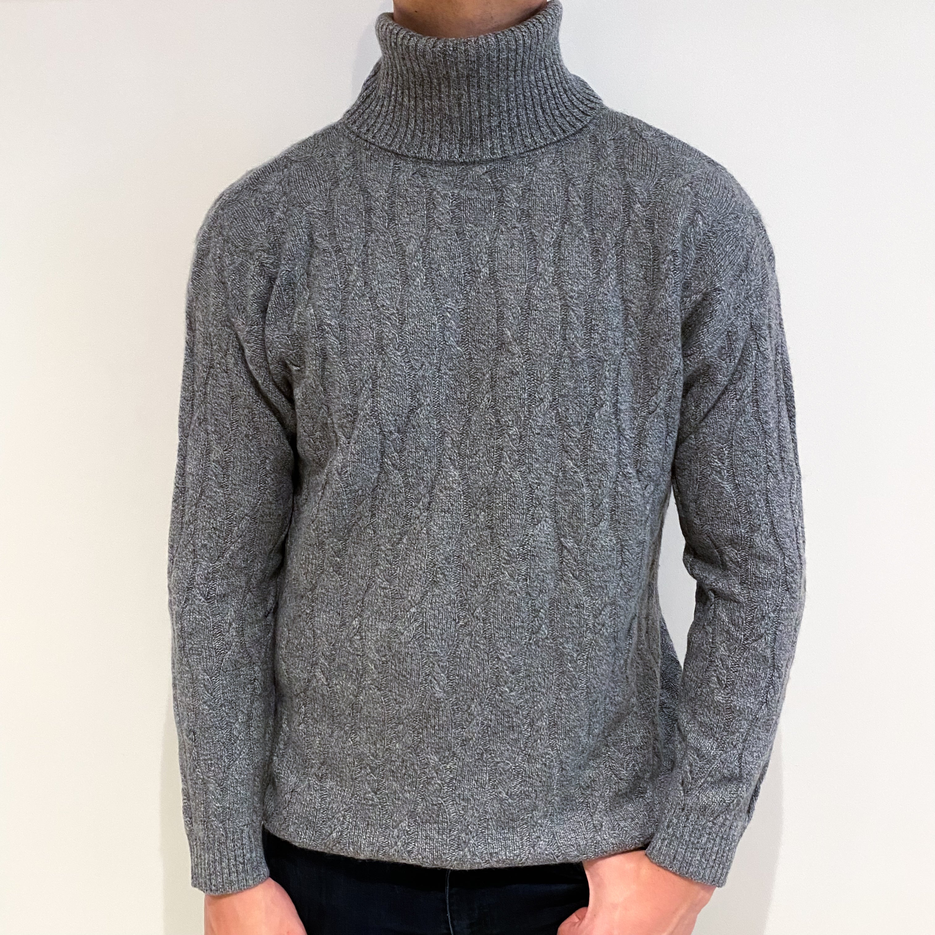 Men's Grey Marl Cable Knit Cashmere Polo Neck Jumper Extra Large