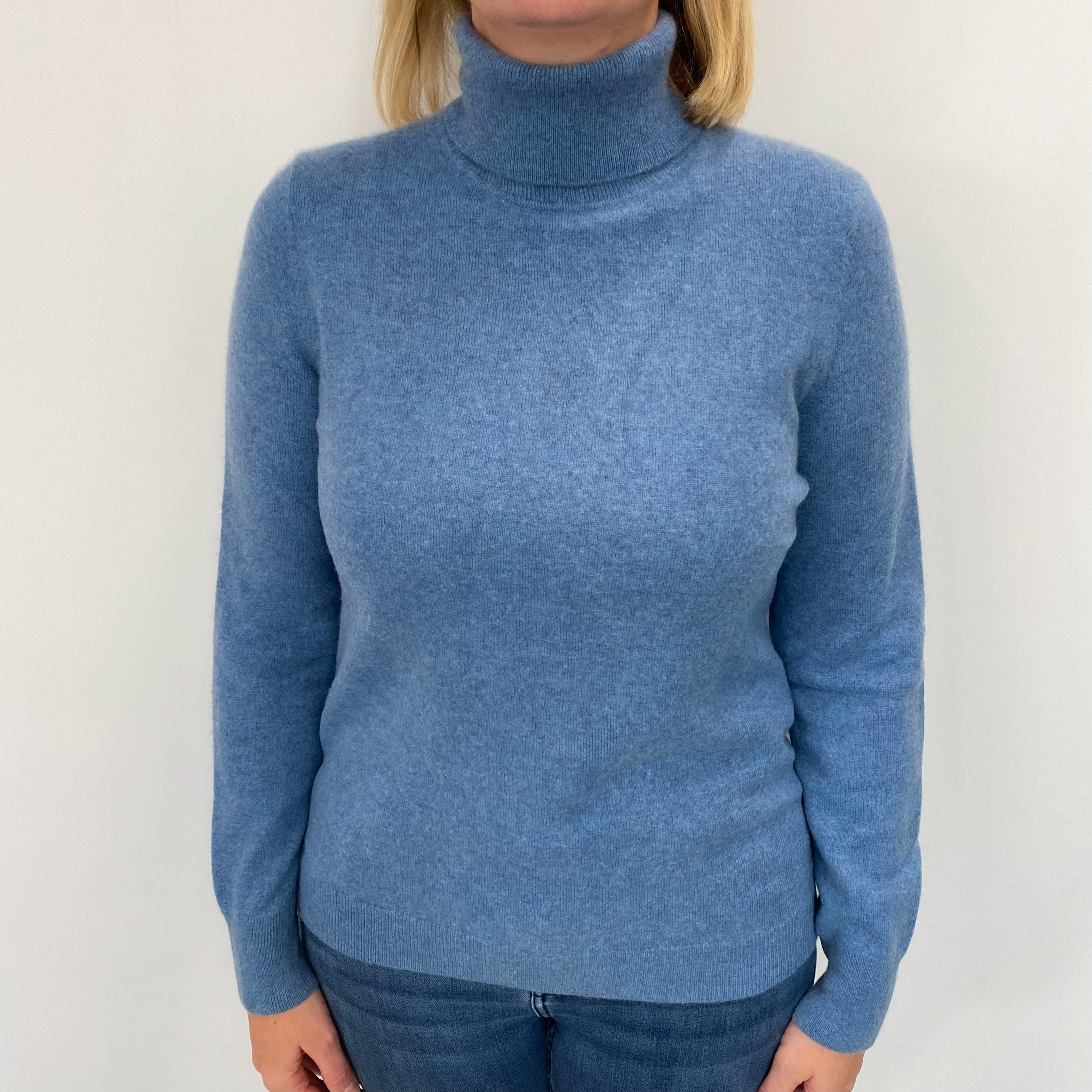 Light Denim Blue Cashmere Polo Neck Jumper Large